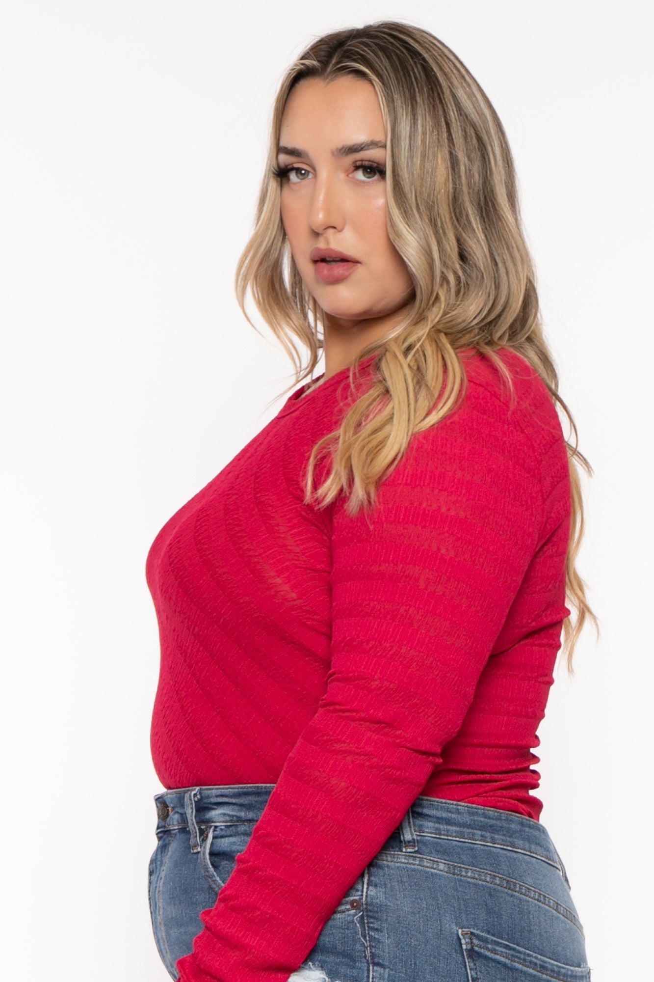 Plus Size  Amina Crew Neck Bodysuit - Red