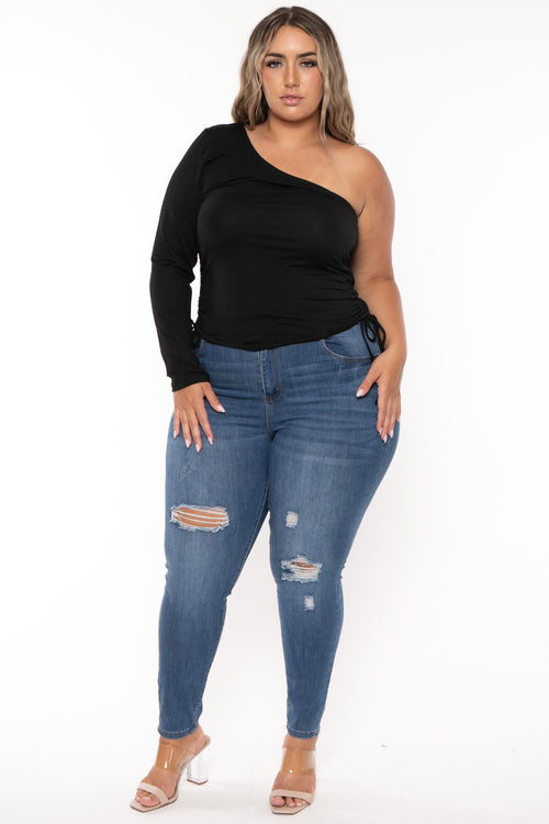 Plus Size Asymmetric One Sleeve Top  -Black