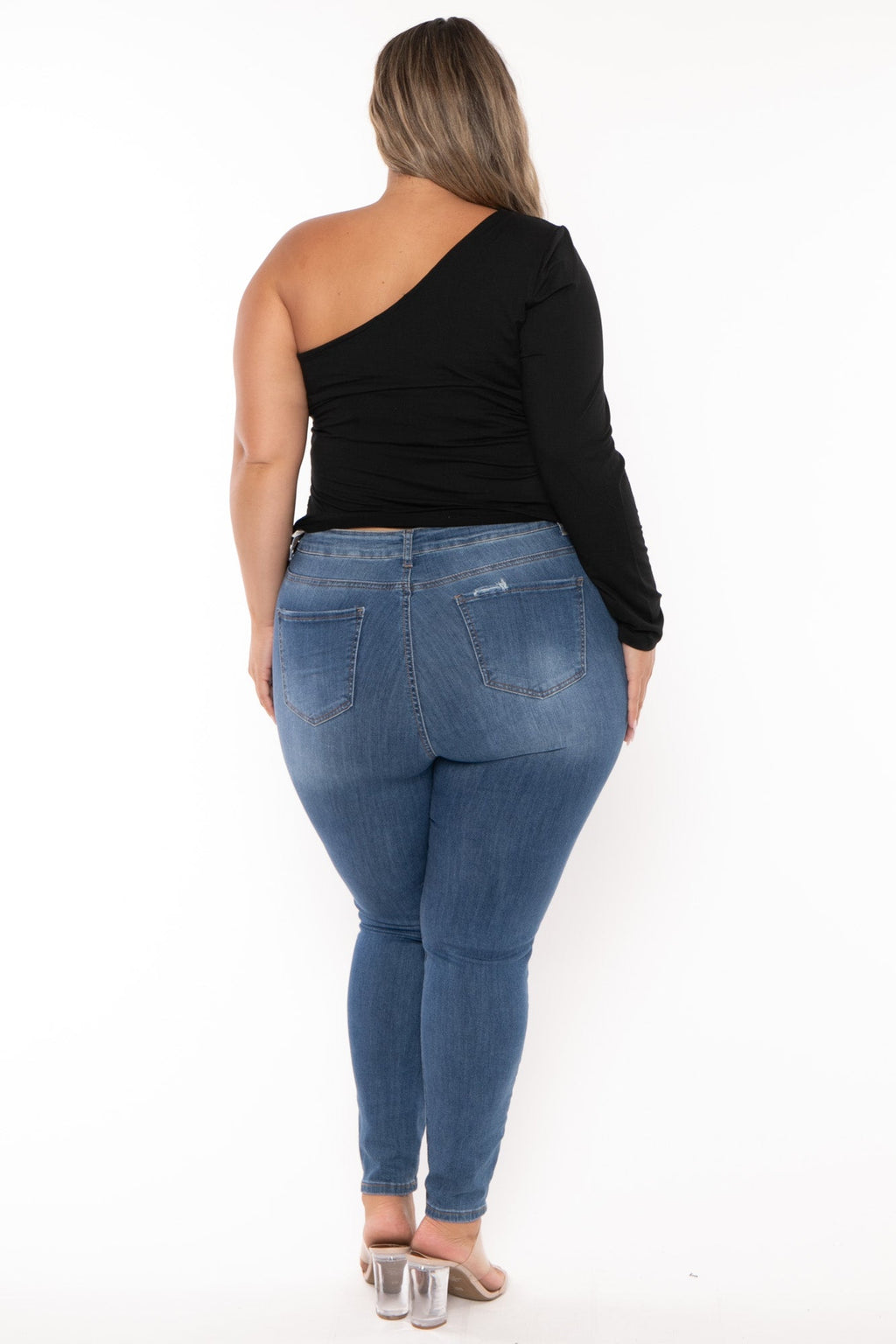 Plus Size Asymmetric One Sleeve Top  -Black