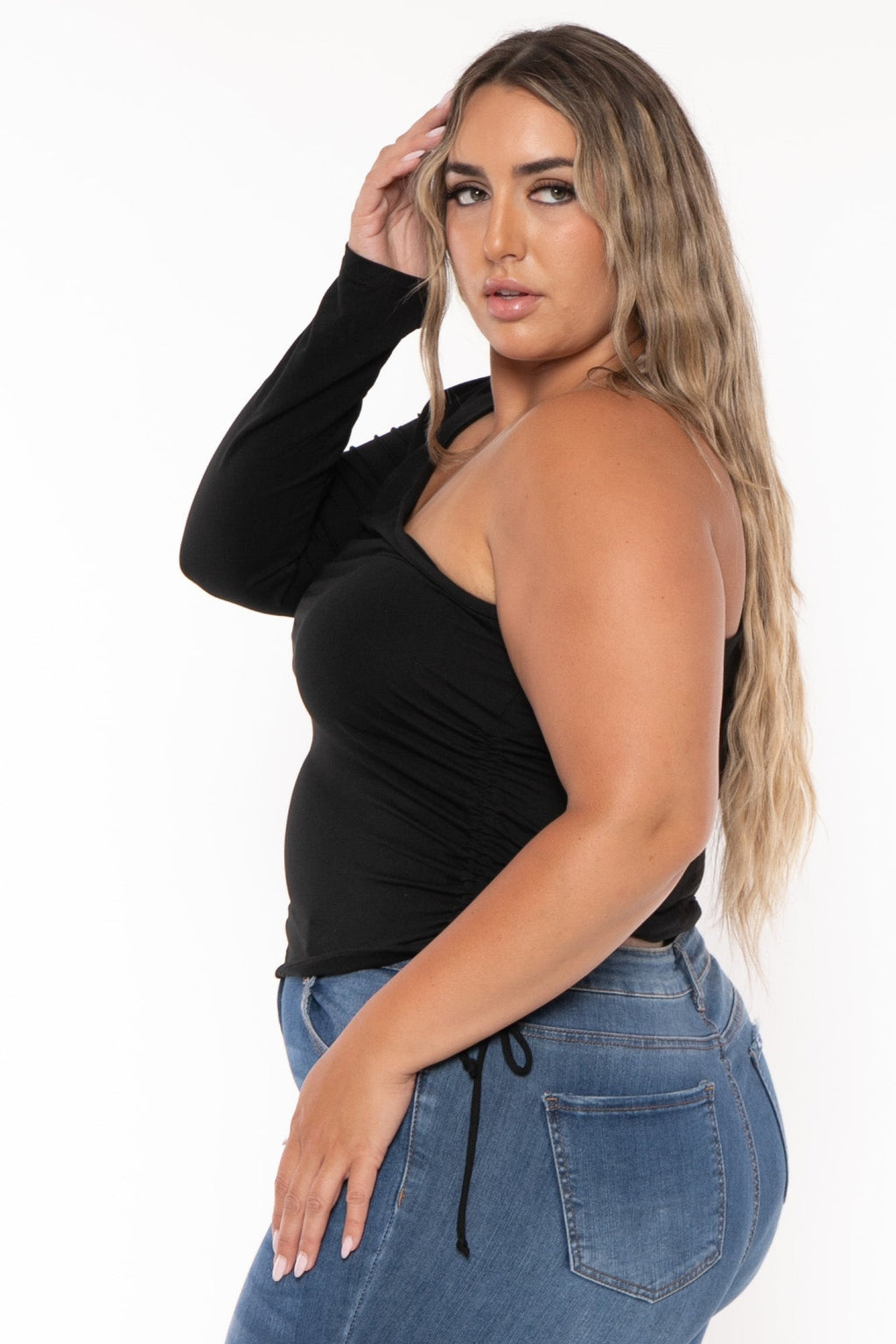 Plus Size Asymmetric One Sleeve Top  -Black