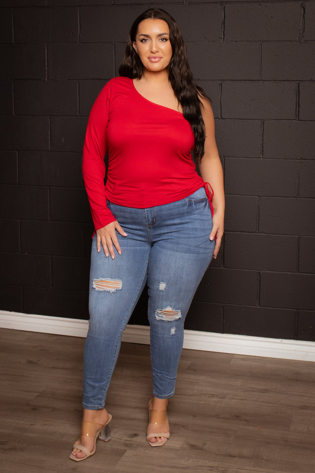 Plus Size Asymmetric One Sleeve Top  - Red