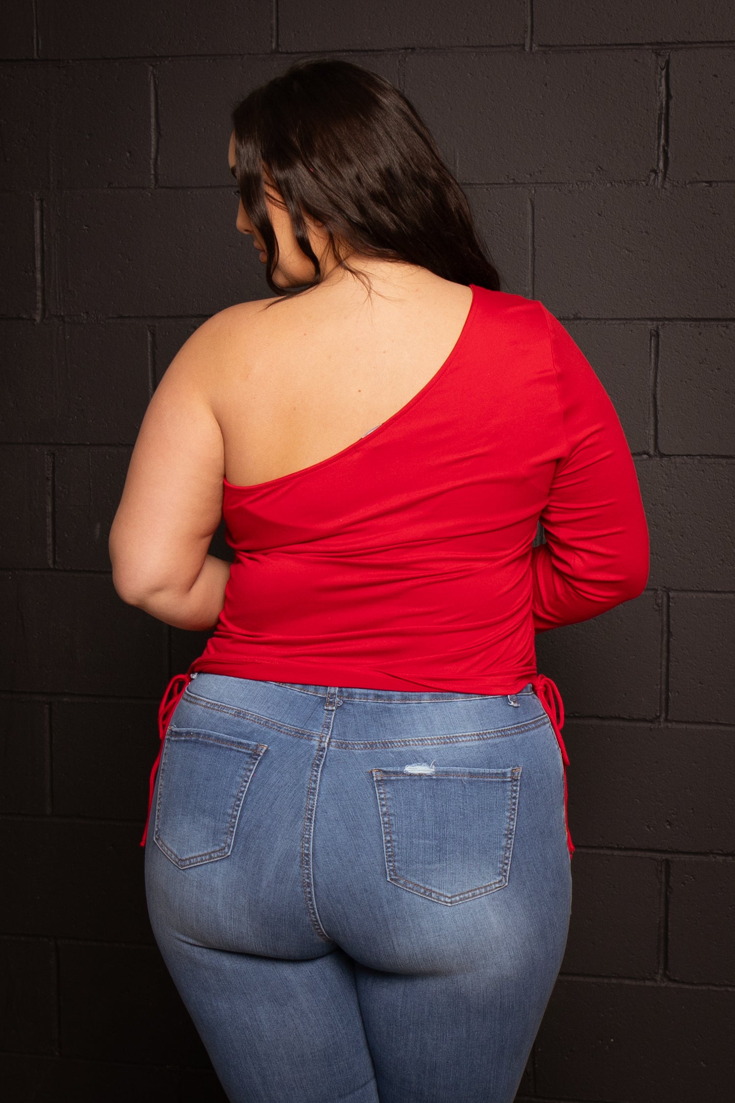 Plus Size Asymmetric One Sleeve Top  - Red