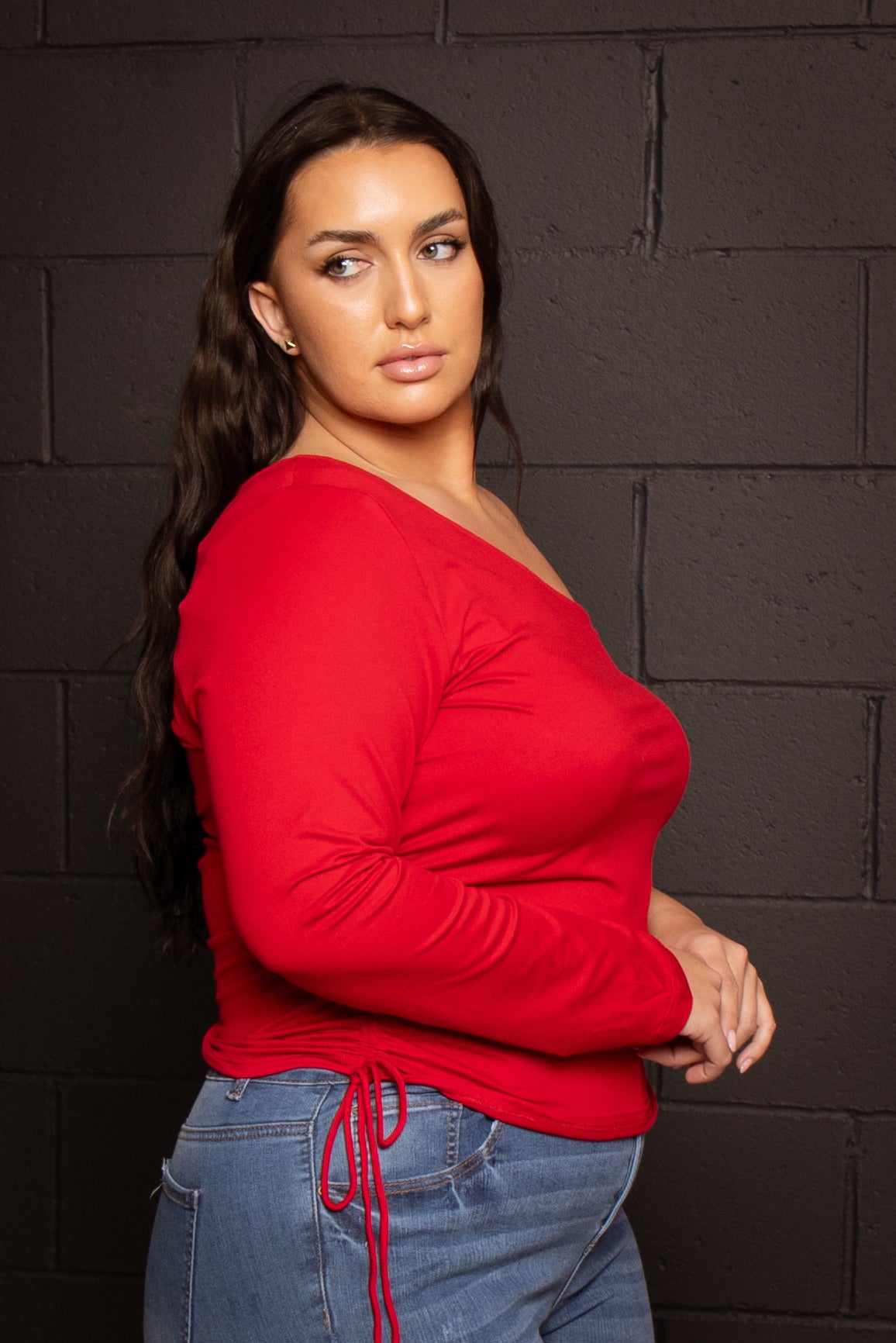 Plus Size Asymmetric One Sleeve Top  - Red