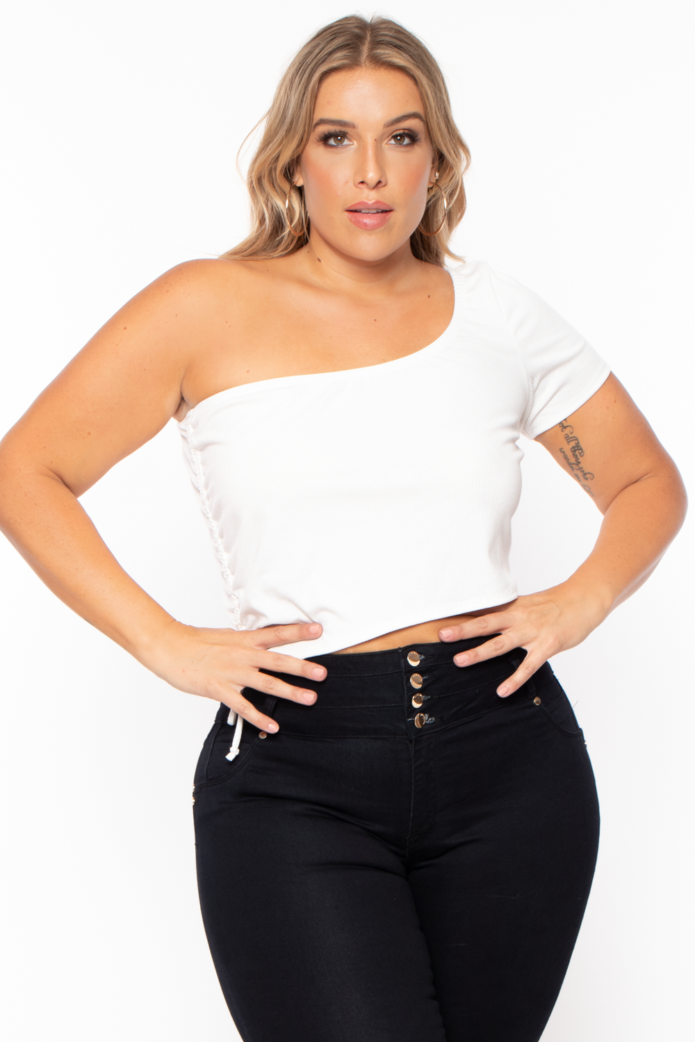 Plus Size Asymmetric Ribbed Crop Top  - Ivory