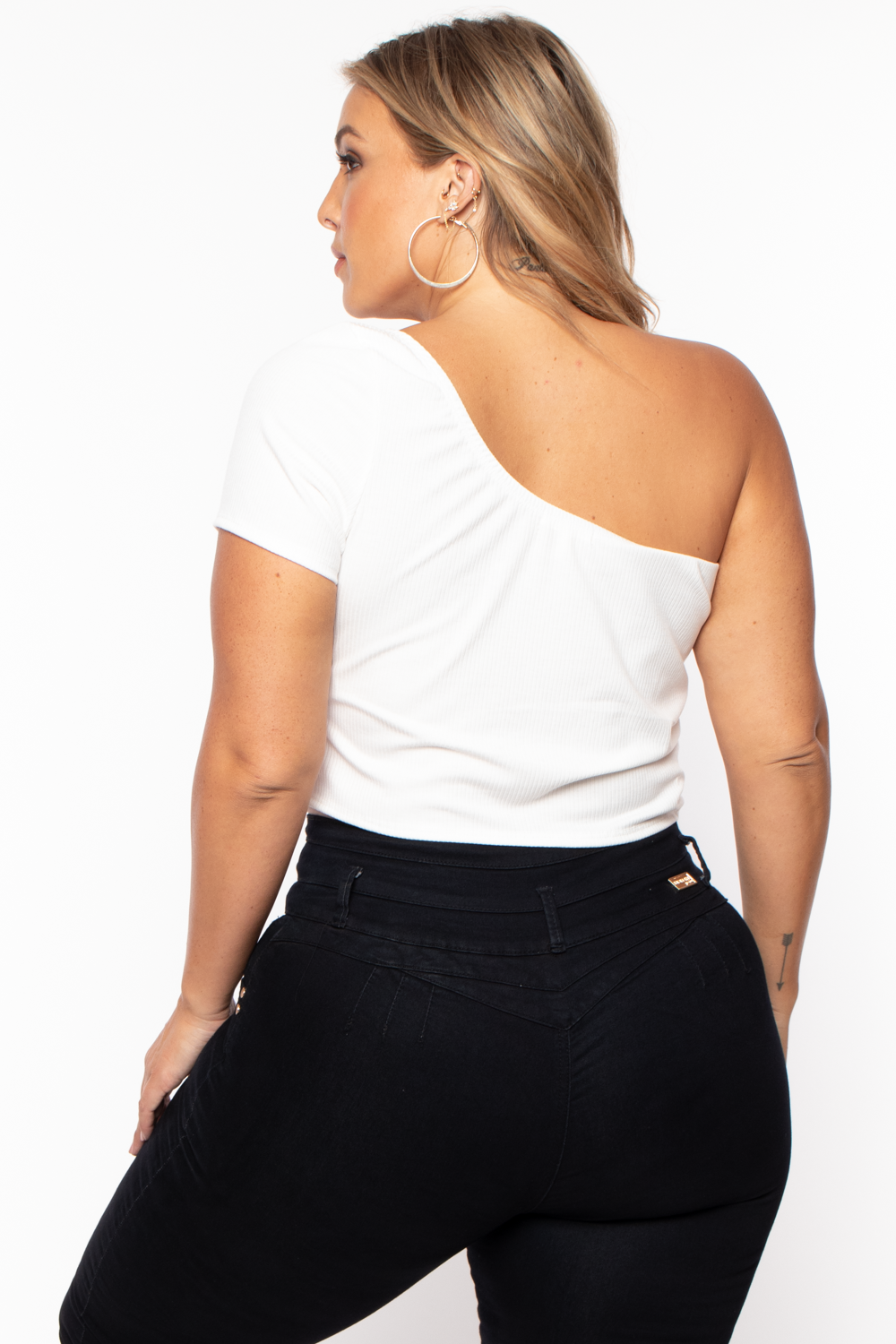 Plus Size Asymmetric Ribbed Crop Top  - Ivory