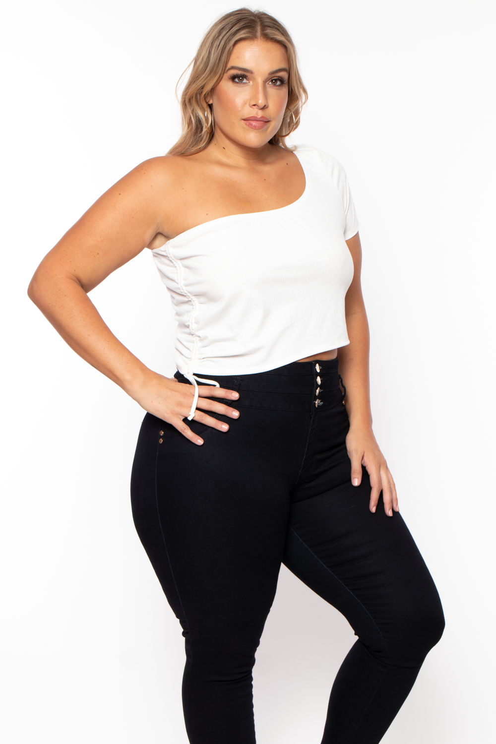 Plus Size Asymmetric Ribbed Crop Top  - Ivory