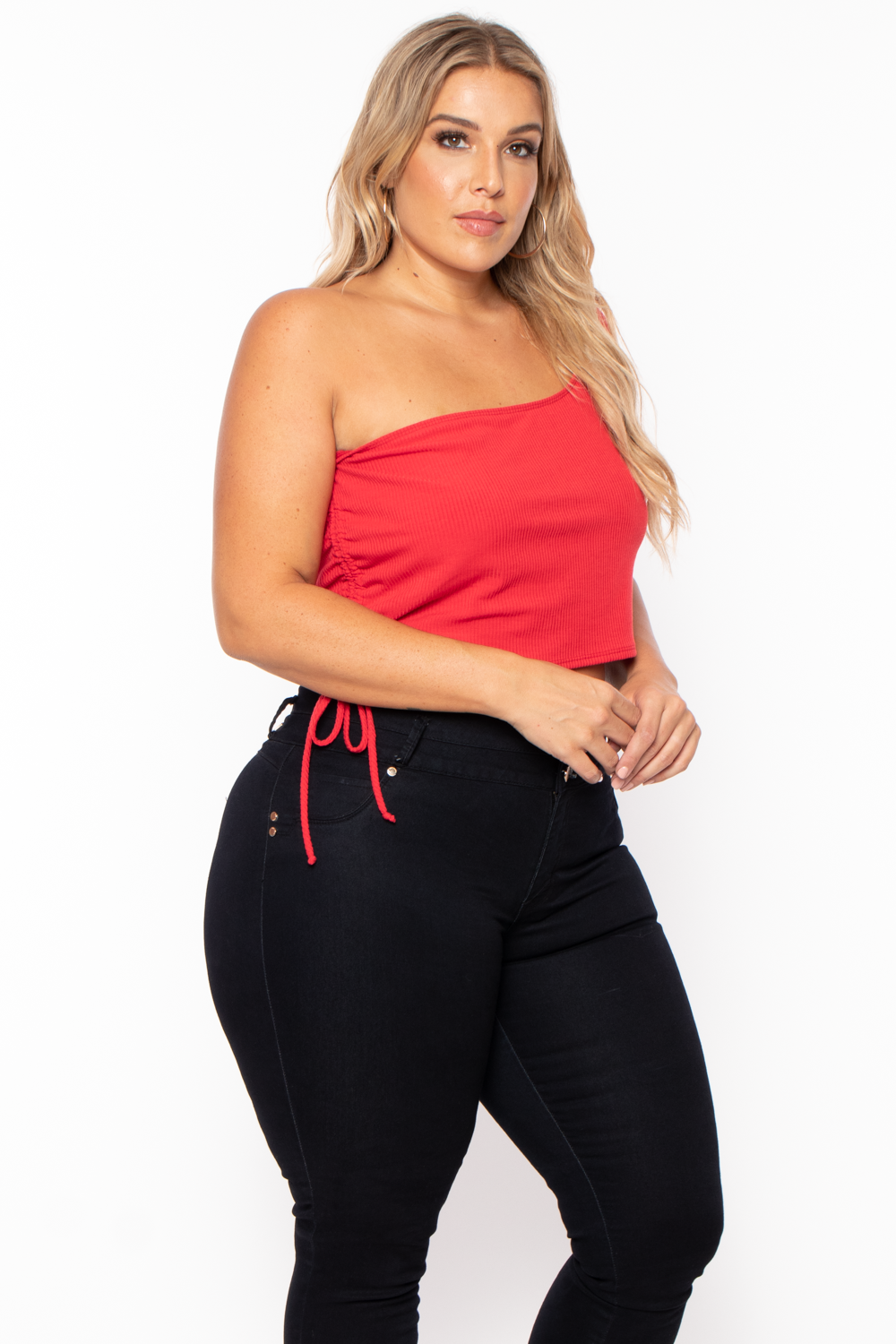 Plus Size Asymmetric Ribbed Crop Top  - Red