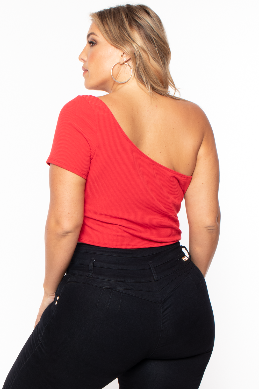 Plus Size Asymmetric Ribbed Crop Top  - Red