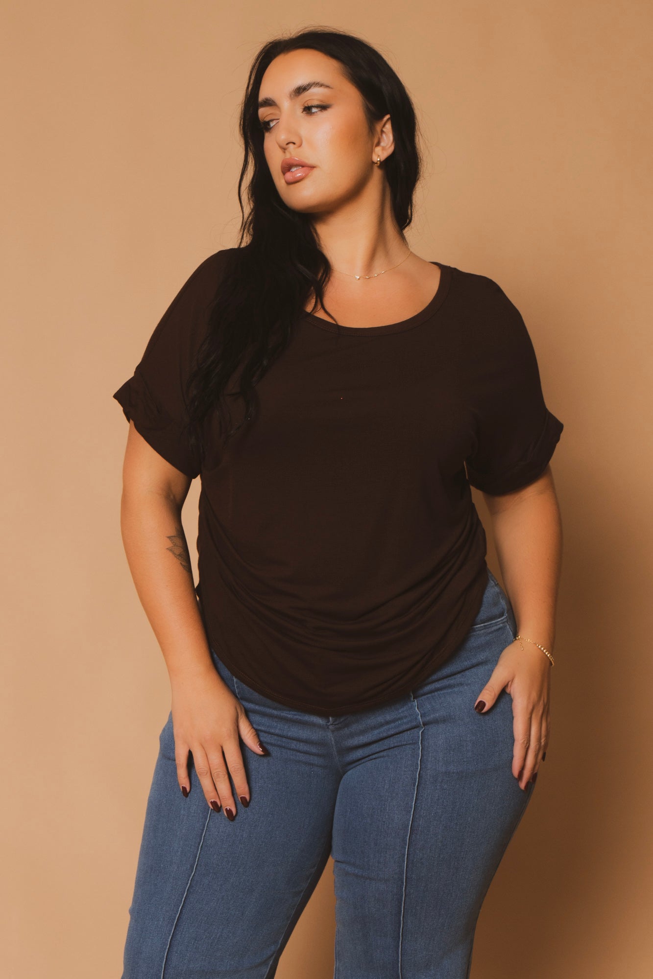 Plus Size Classic Scoop Neck Top - Brown