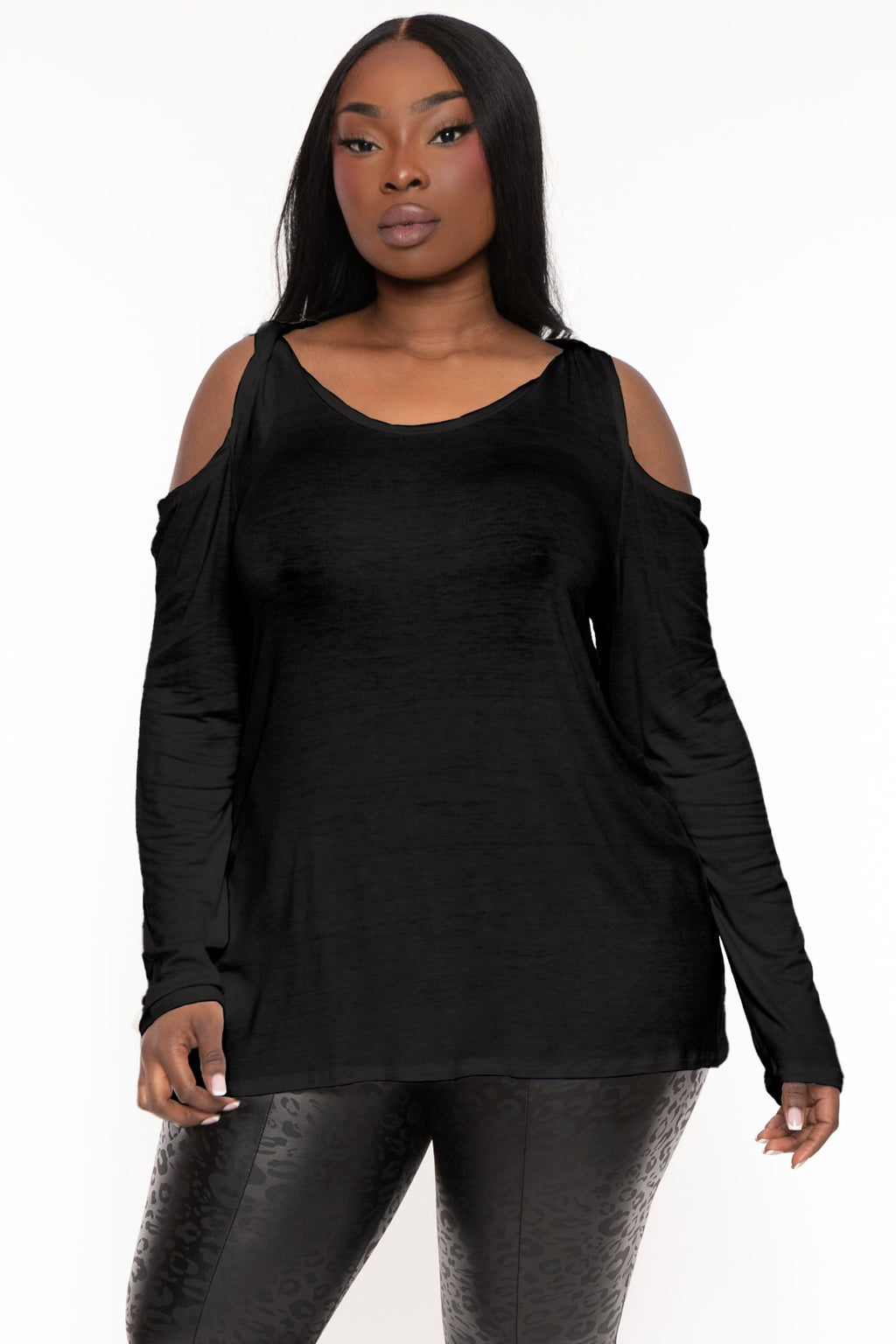 Plus Size  Cold Shoulder Knit Top - Black