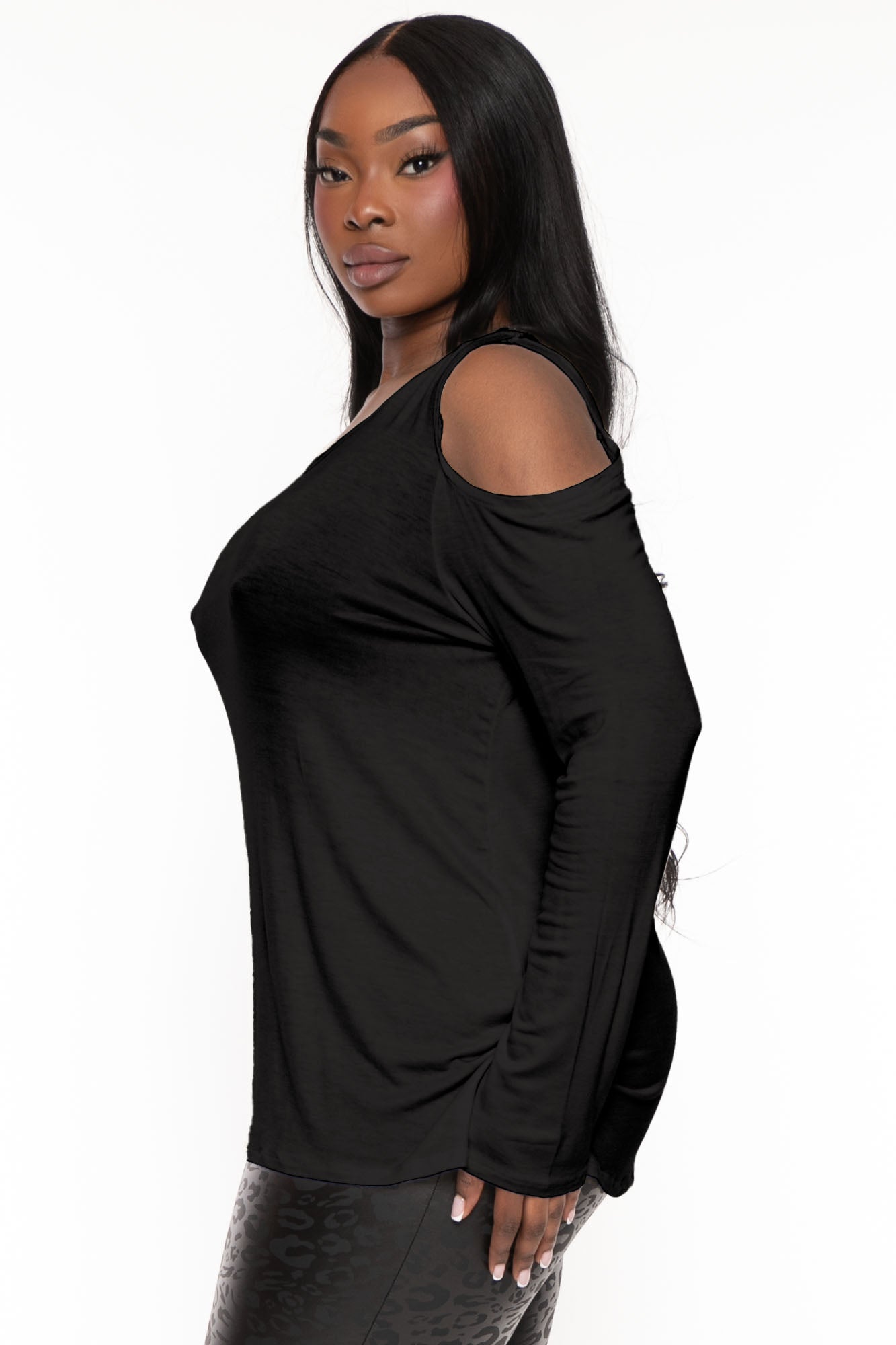 Plus Size  Cold Shoulder Knit Top - Black