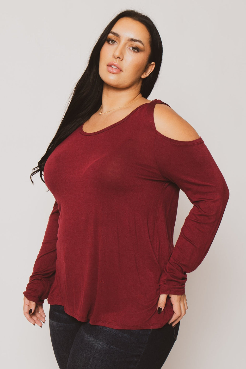 Plus Size  Cold Shoulder Knit Top - Burgundy