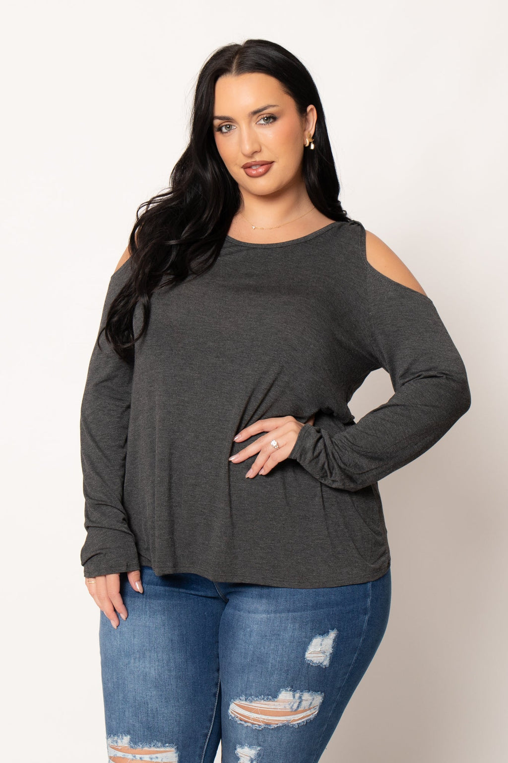 Plus Size  Cold Shoulder Knit Top - Charcoal