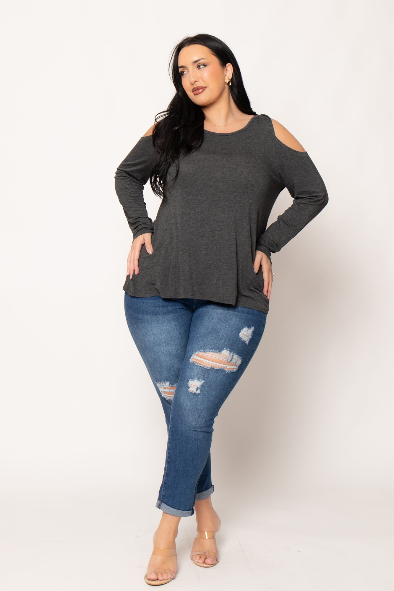 Plus Size  Cold Shoulder Knit Top - Charcoal