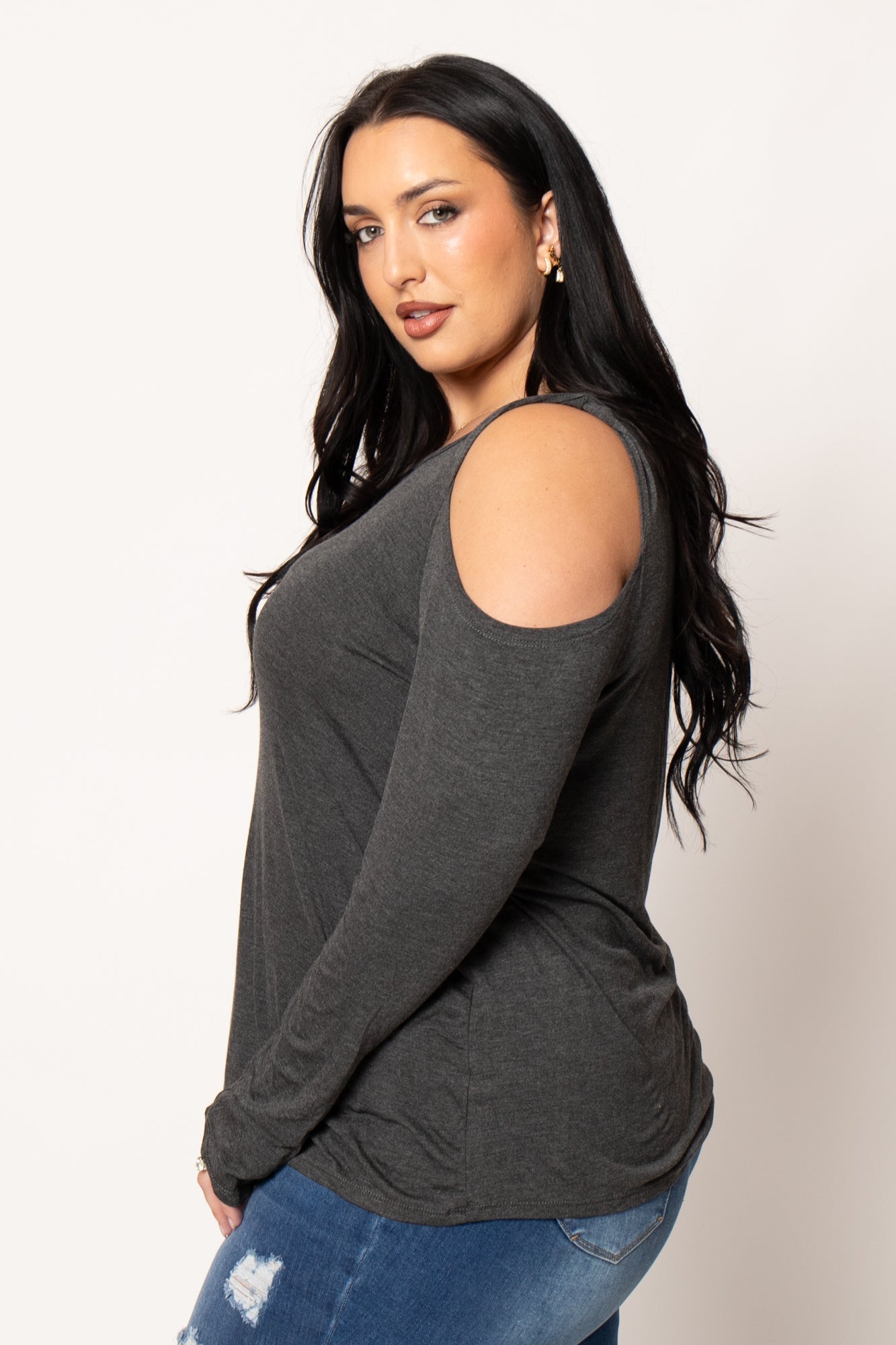 Plus Size  Cold Shoulder Knit Top - Charcoal