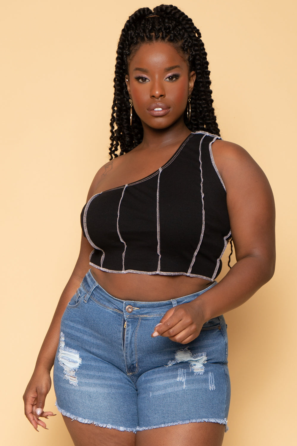 Plus Size Contrast Stitch Crop Top - Black