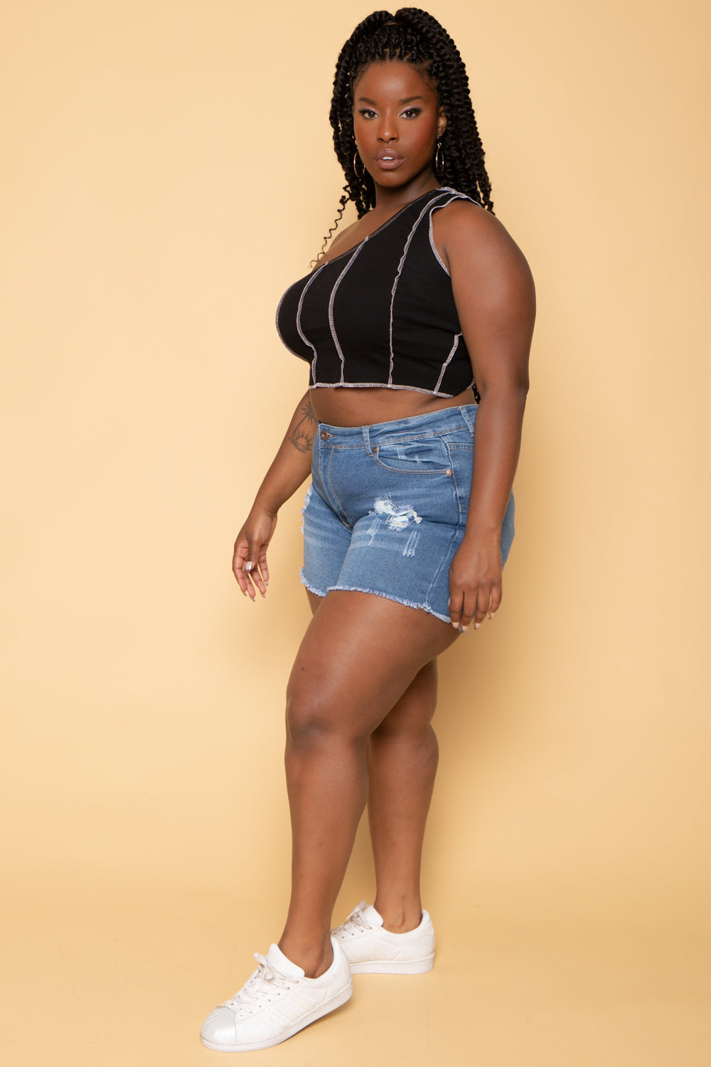 Plus Size Contrast Stitch Crop Top - Black
