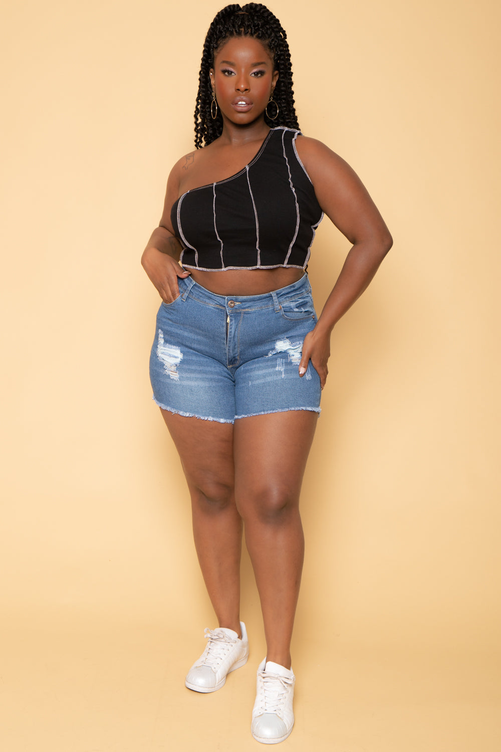 Plus Size Contrast Stitch Crop Top - Black