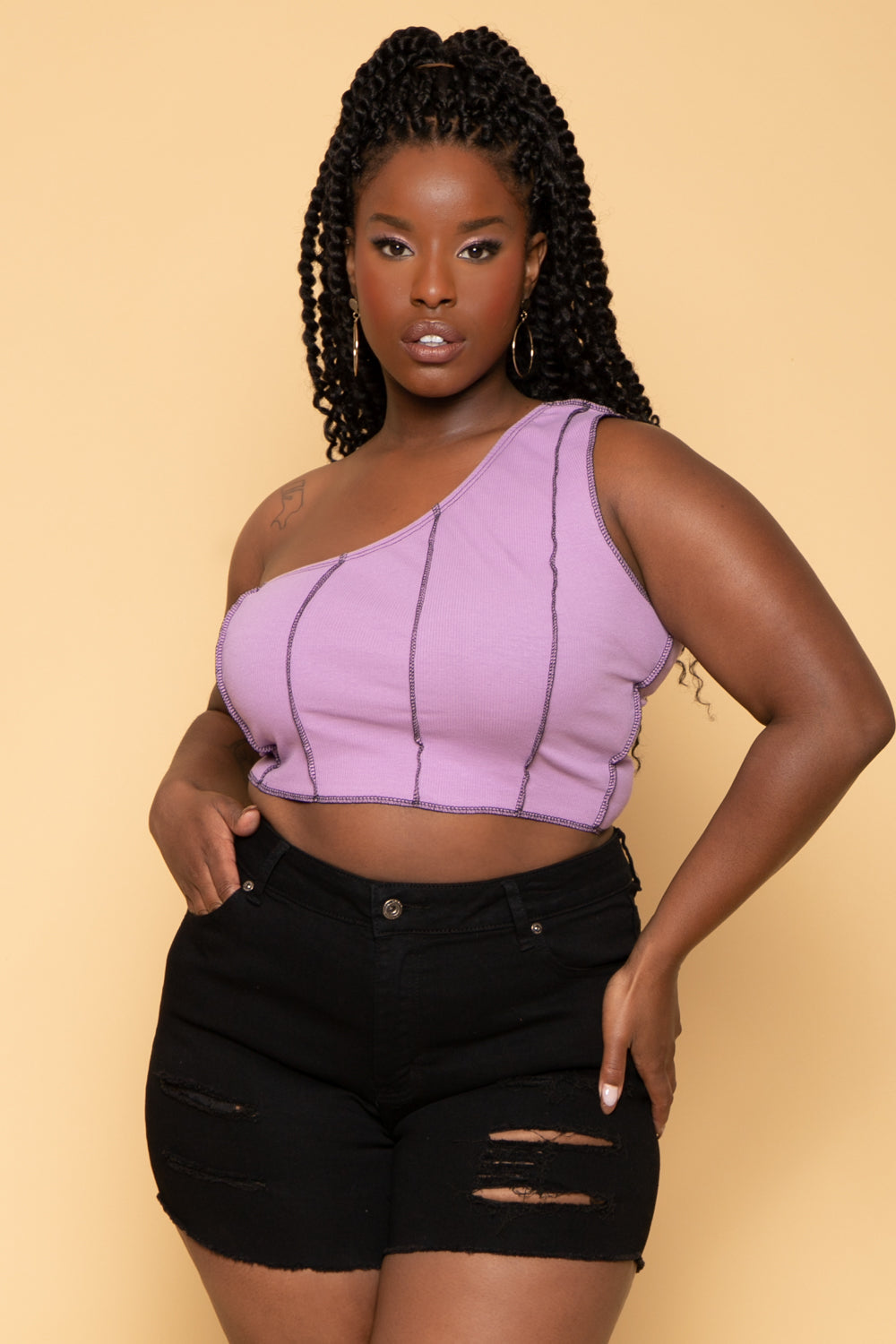 Plus Size Contrast Stitch Crop Top - Lavender