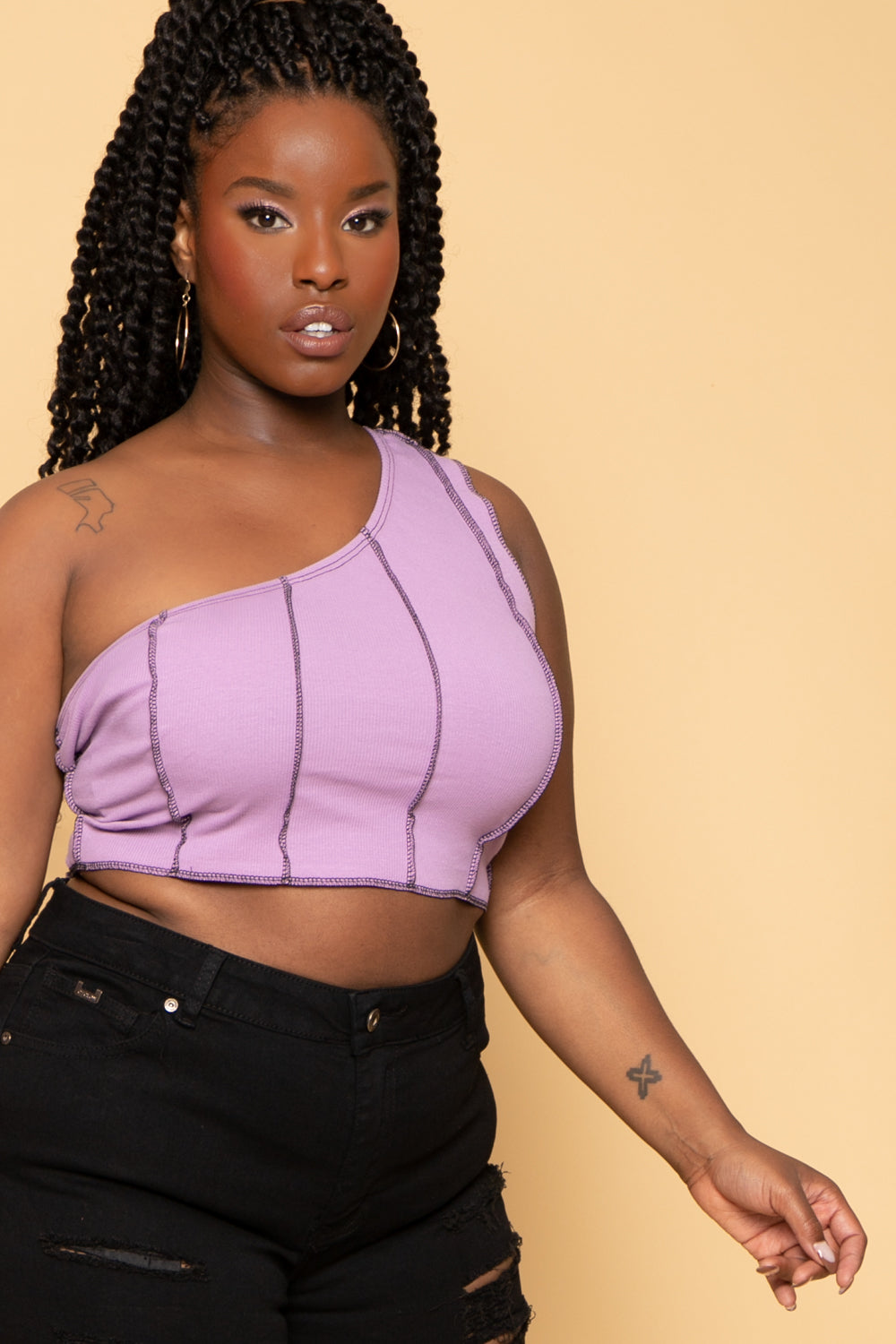 Plus Size Contrast Stitch Crop Top - Lavender
