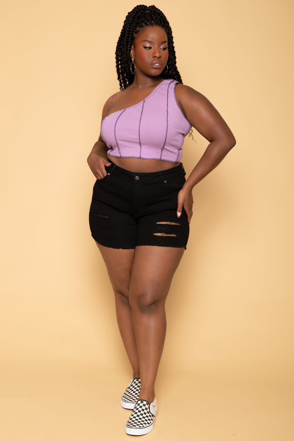 Plus Size Contrast Stitch Crop Top - Lavender
