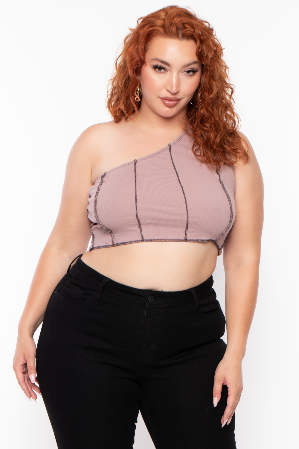 Plus Size Contrast Stitch Crop Top - Mocha