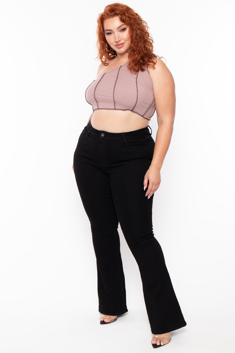 Plus Size Contrast Stitch Crop Top - Mocha