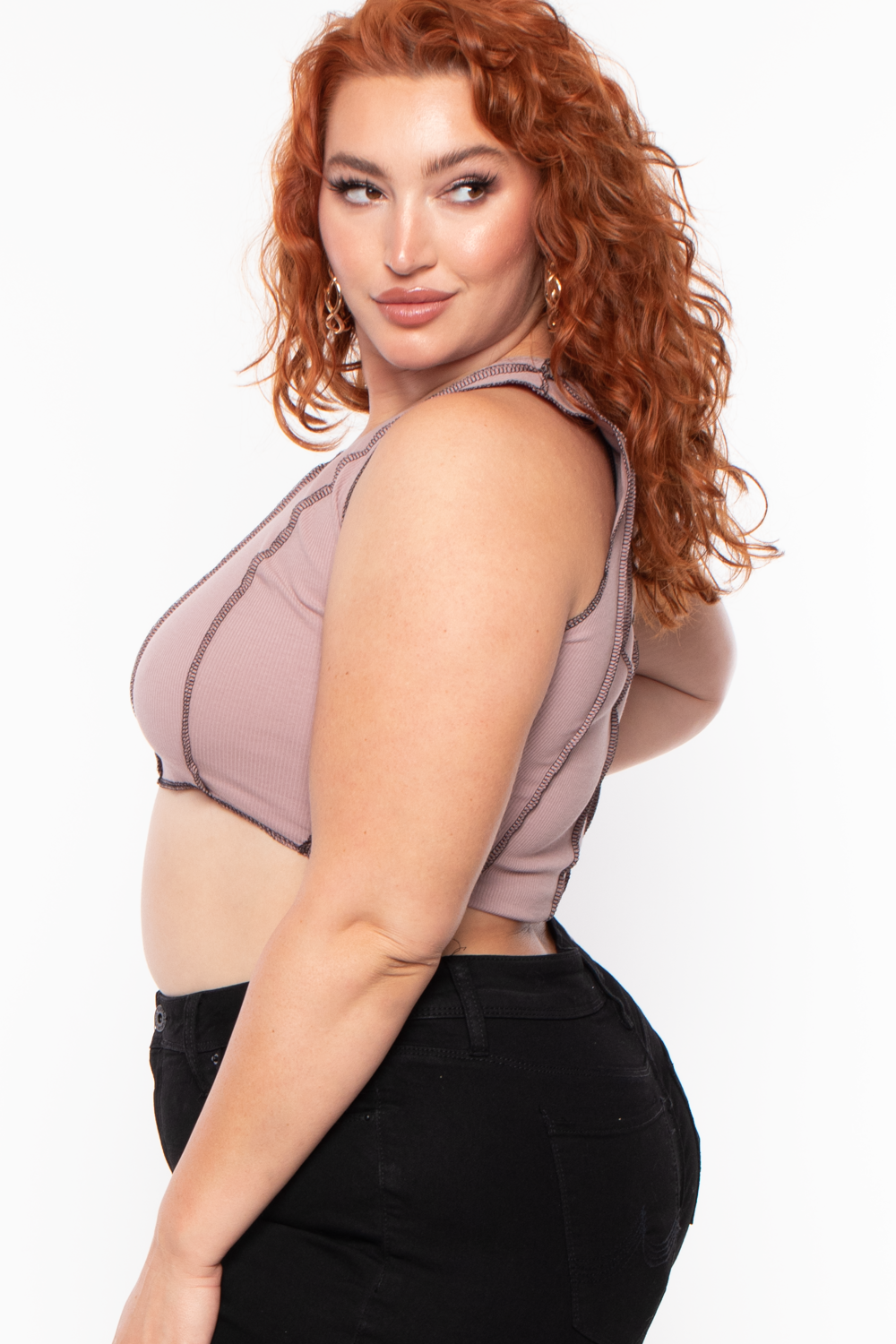 Plus Size Contrast Stitch Crop Top - Mocha