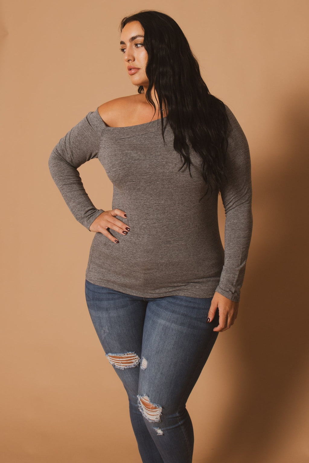 Plus Size Della Asymmetric Neck Top - H. Grey