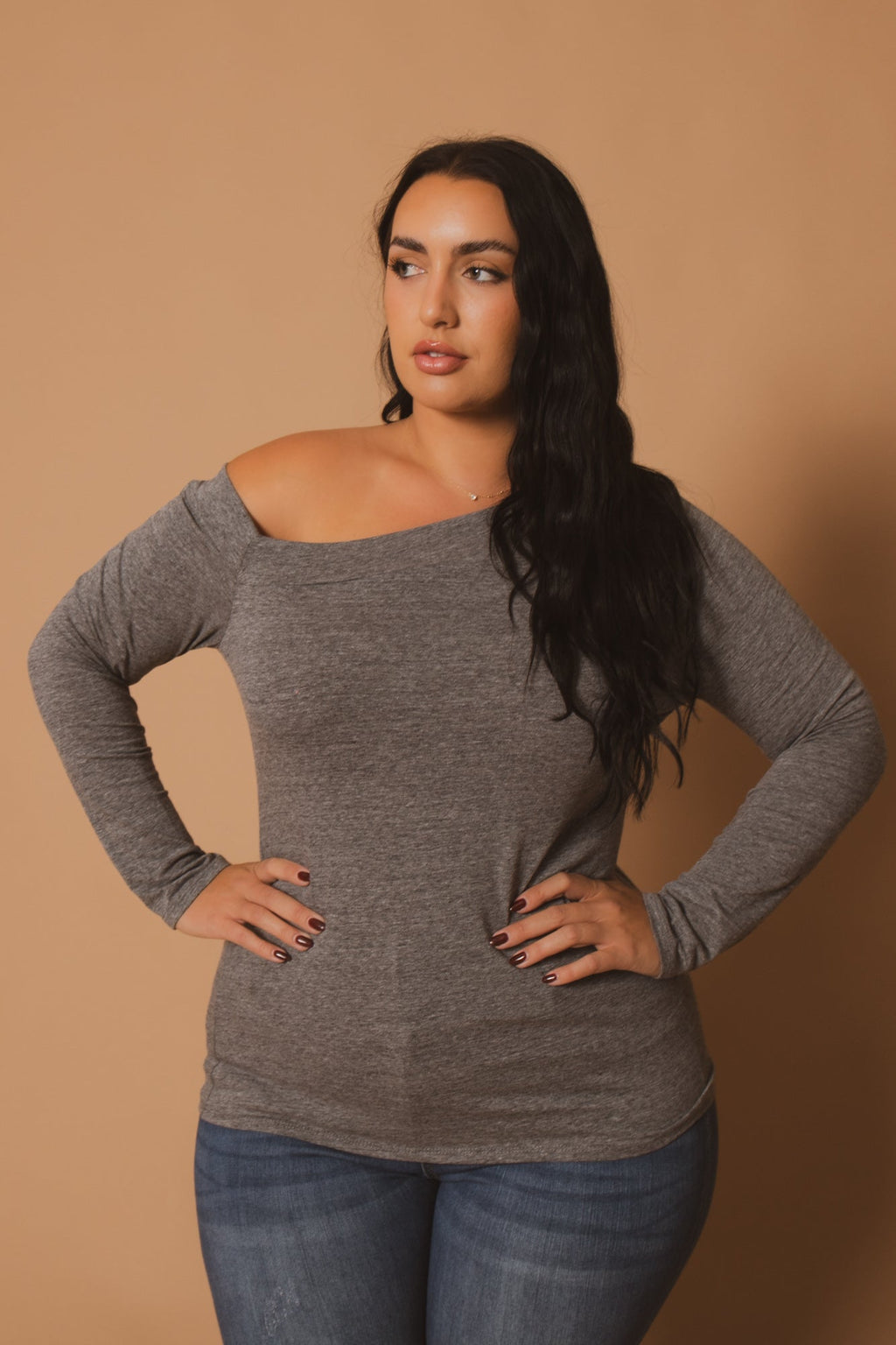 Plus Size Della Asymmetric Neck Top - H. Grey