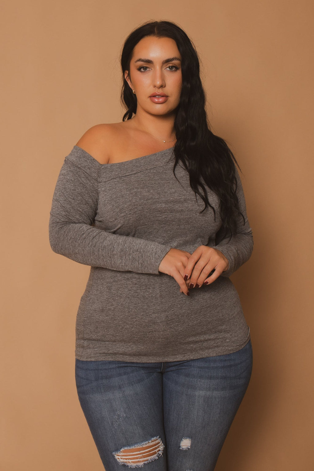 Plus Size Della Asymmetric Neck Top - H. Grey