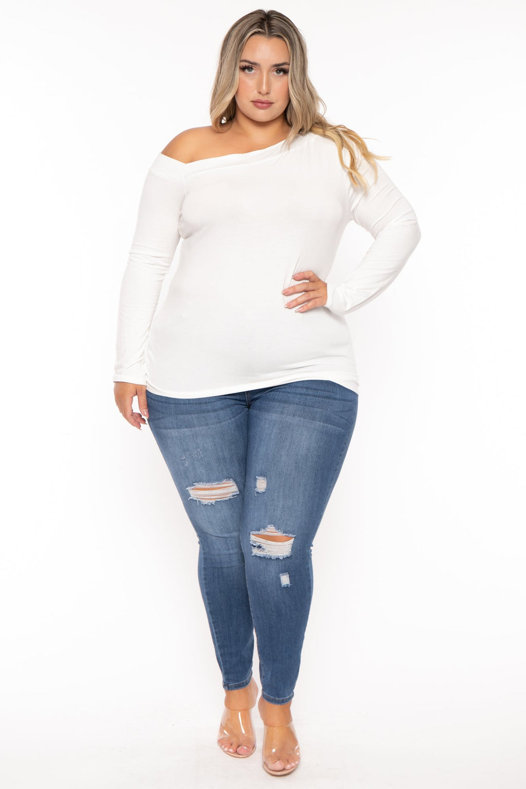 Plus Size Della Asymmetric Neck Top - Ivory