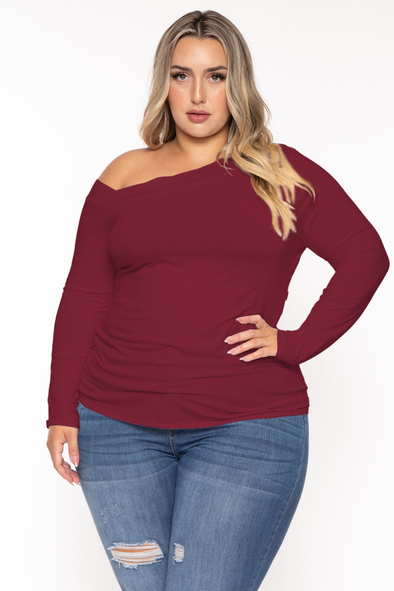 Plus Size Della Asymmetric Neck Top - Wine