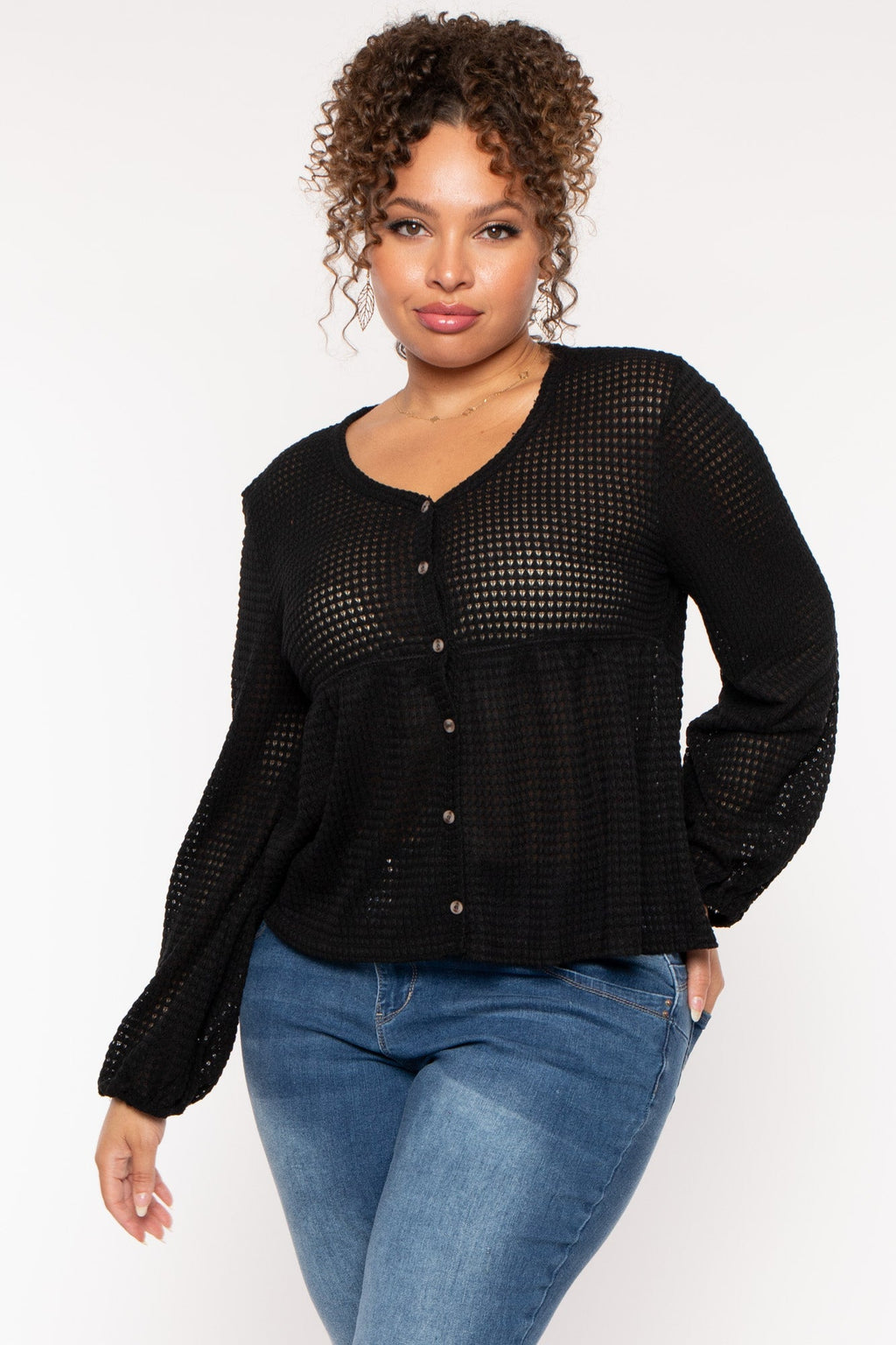 Plus Size  Diana Waffle Knit  Top - Black