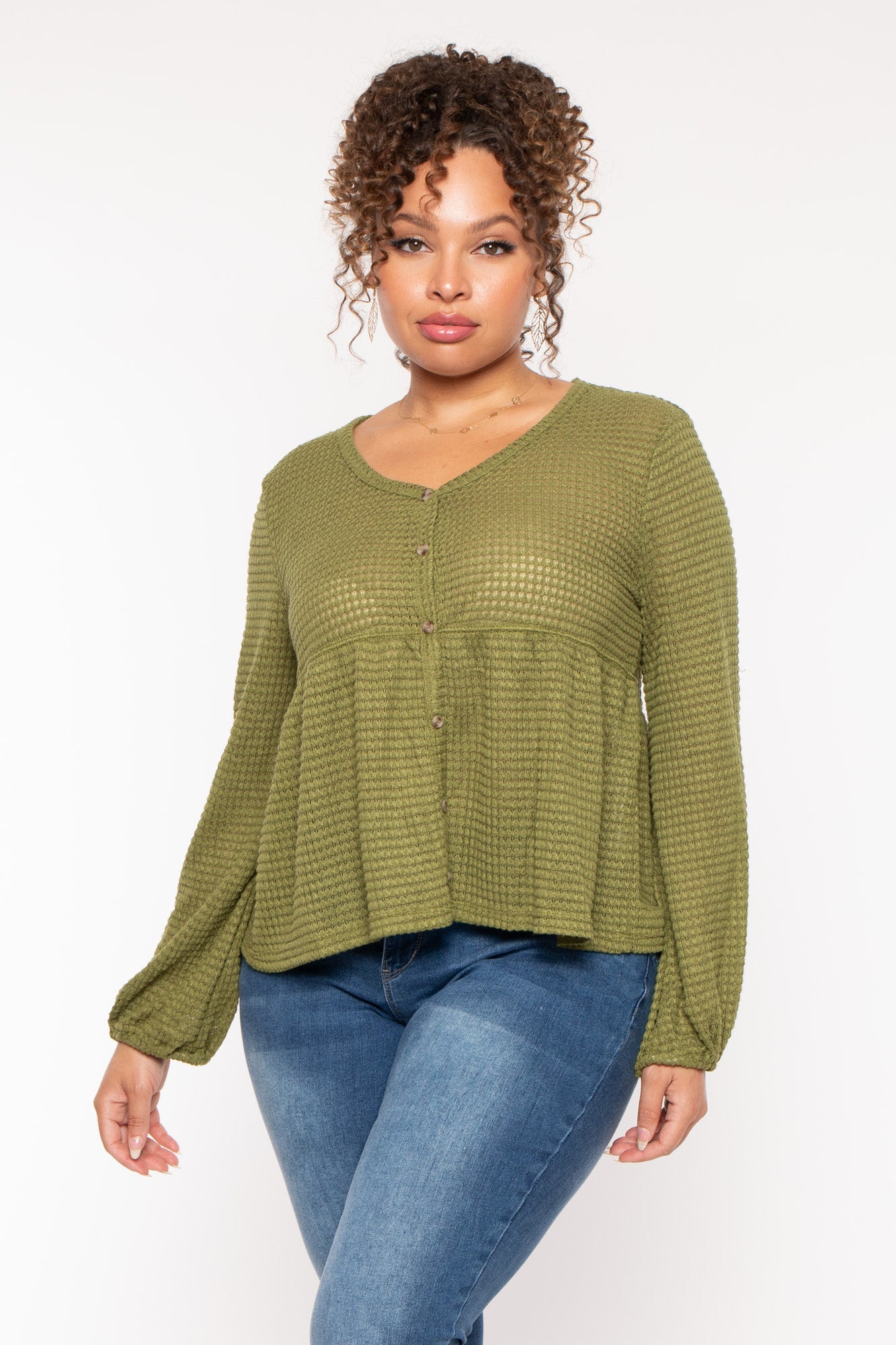 Plus Size  Diana Waffle Knit  Top - Olive
