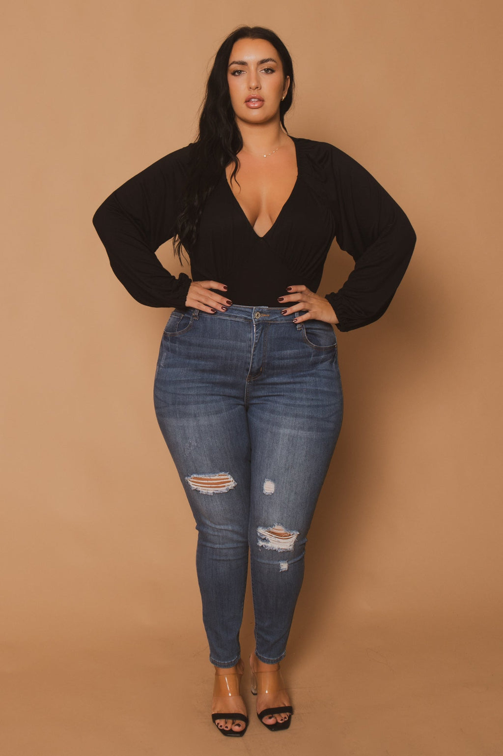 Plus Size Elena Plunging Neck Bodysuit  - Black