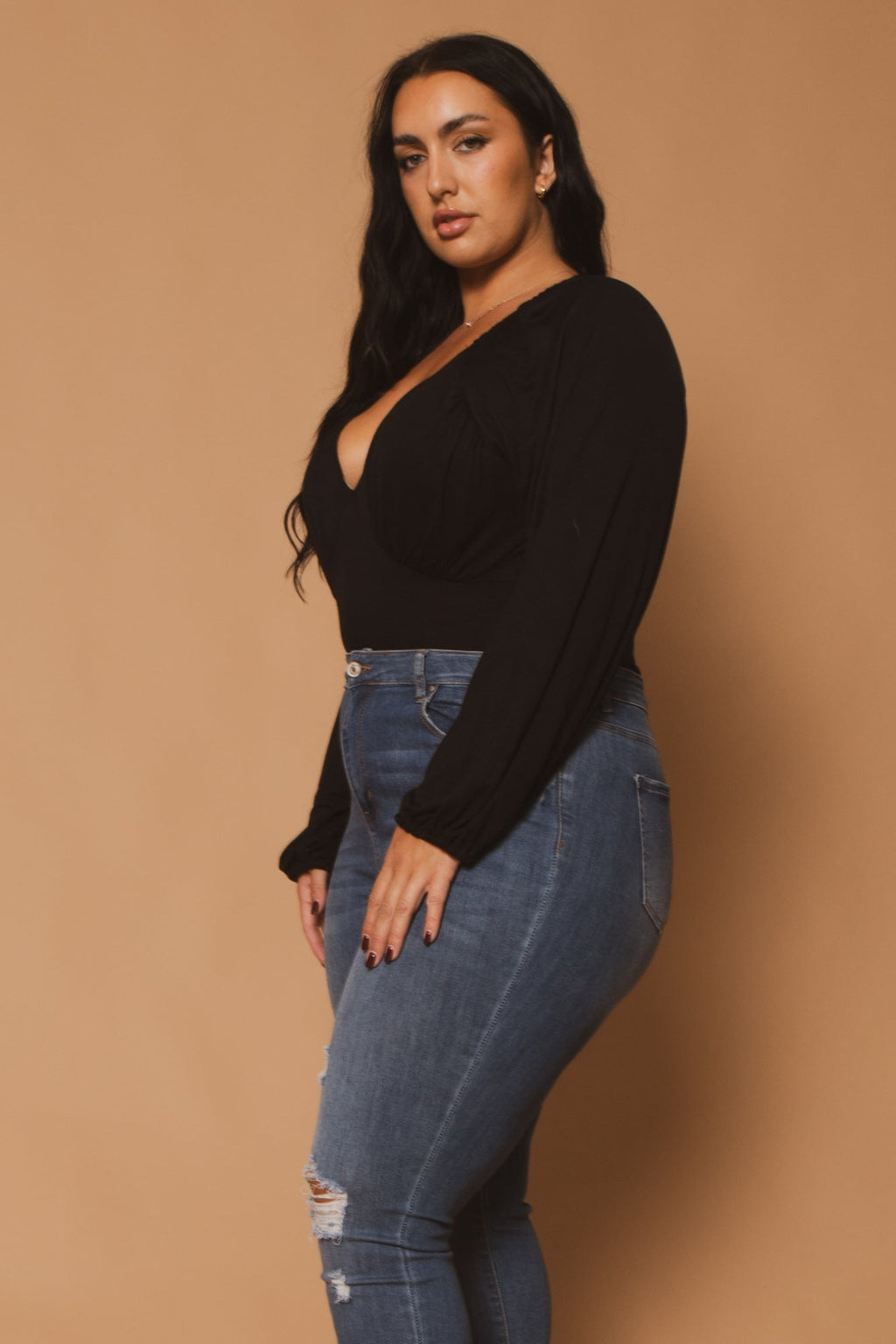 Plus Size Elena Plunging Neck Bodysuit  - Black