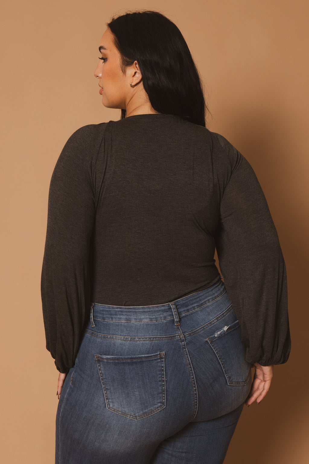 Plus Size Elena Plunging Neck Bodysuit  - Charcoal