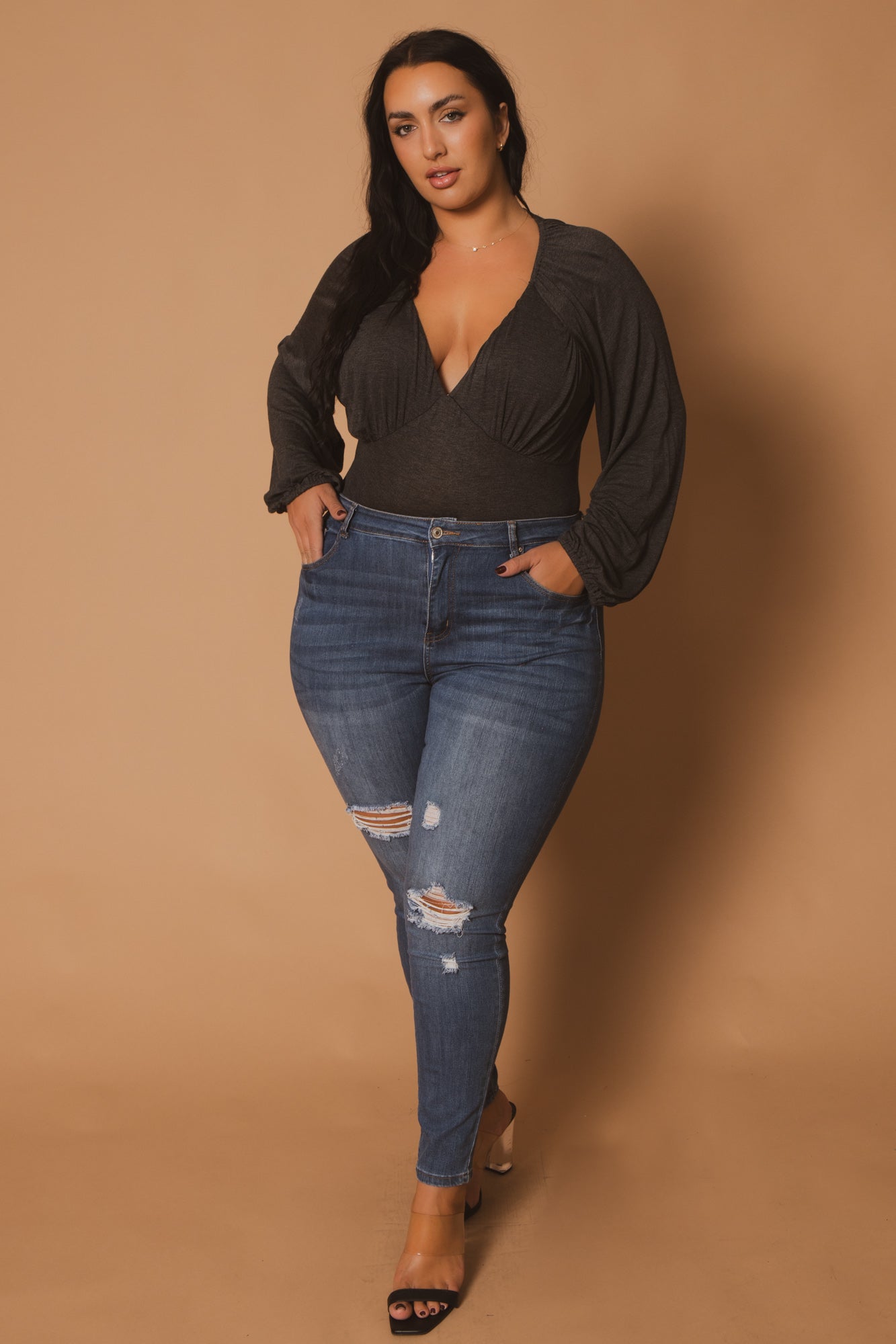 Plus Size Elena Plunging Neck Bodysuit  - Charcoal