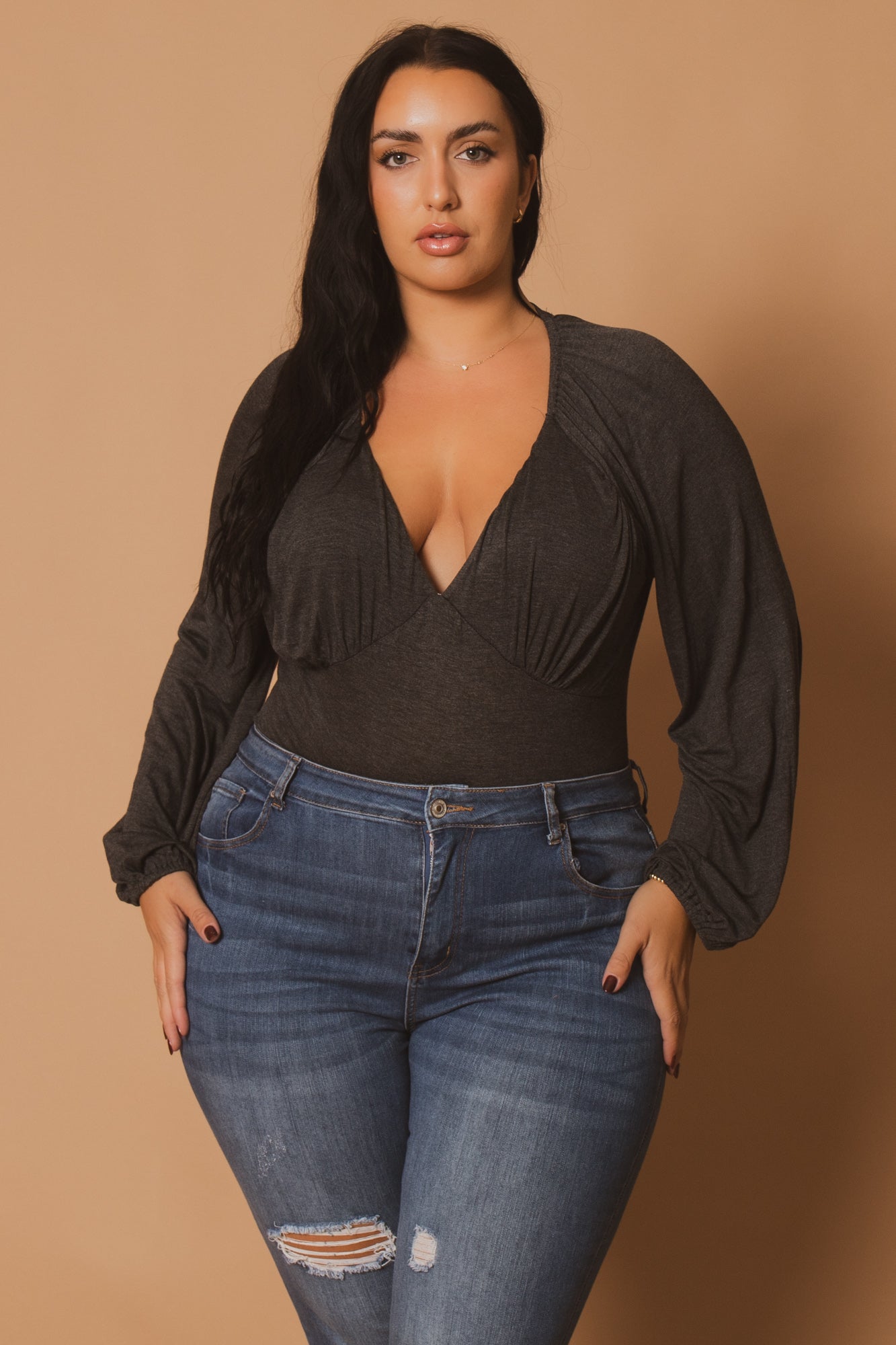 Plus Size Elena Plunging Neck Bodysuit  - Charcoal