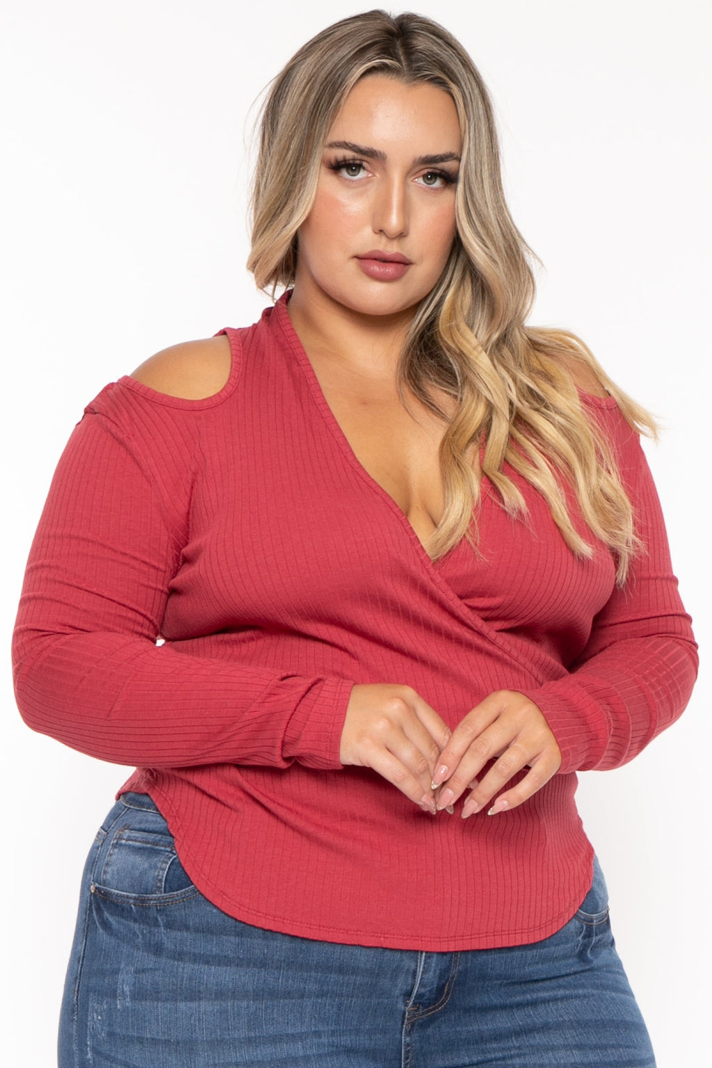Plus Size Halter  Cold Shoulder Top- Berry