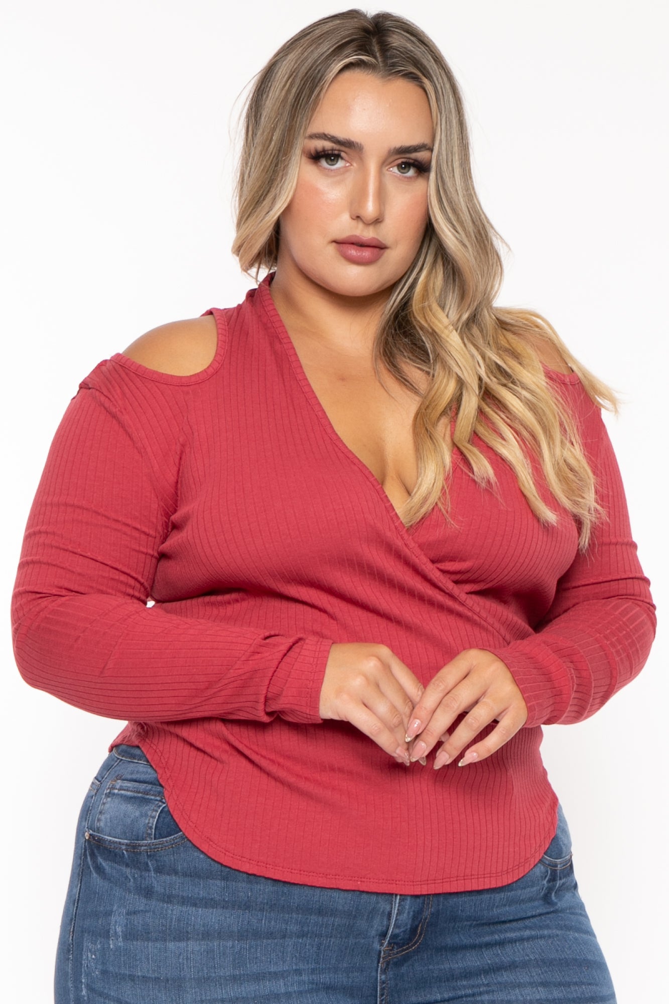 Plus Size Halter  Cold Shoulder Top- Berry