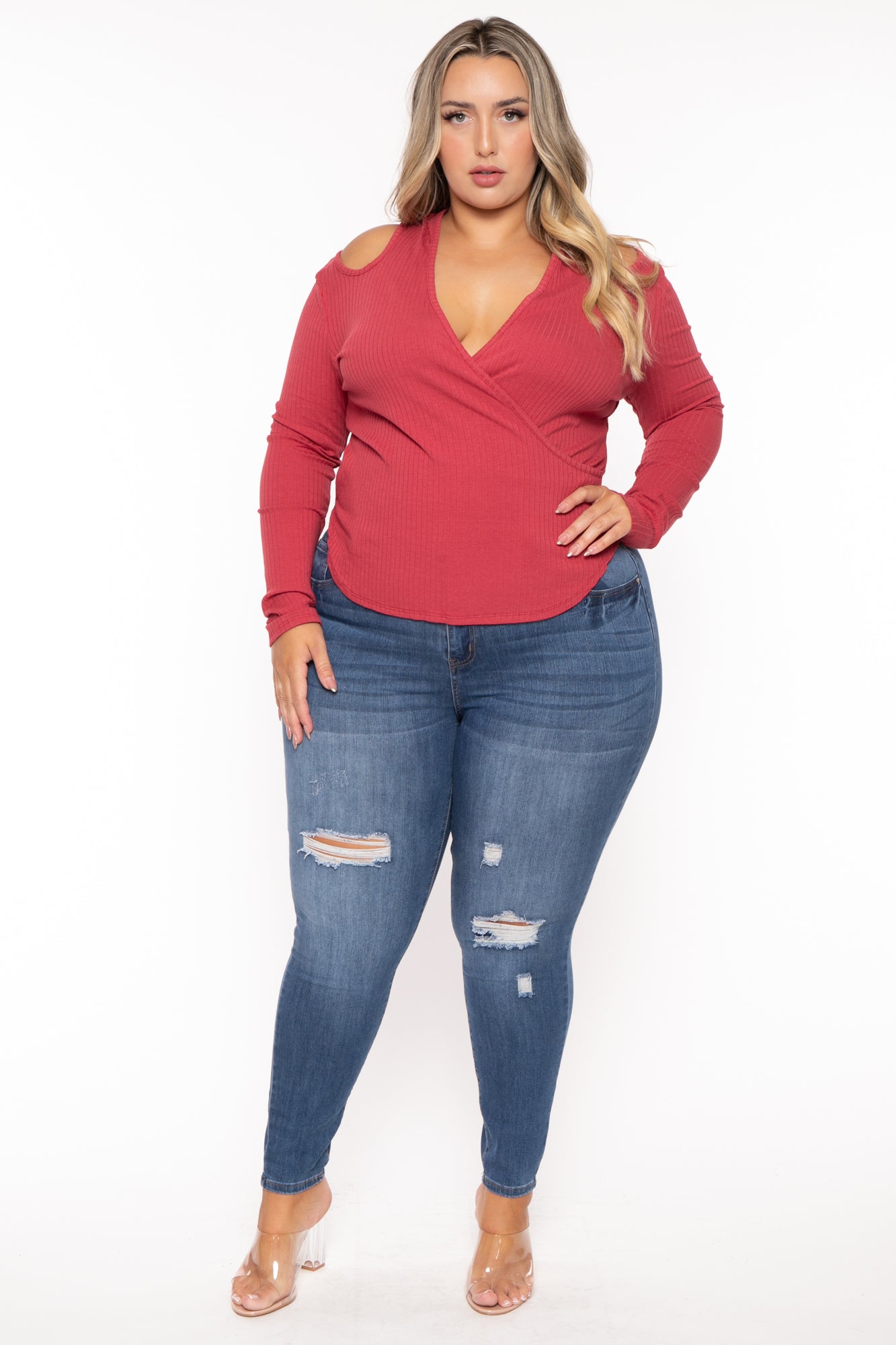 Plus Size Halter  Cold Shoulder Top- Berry