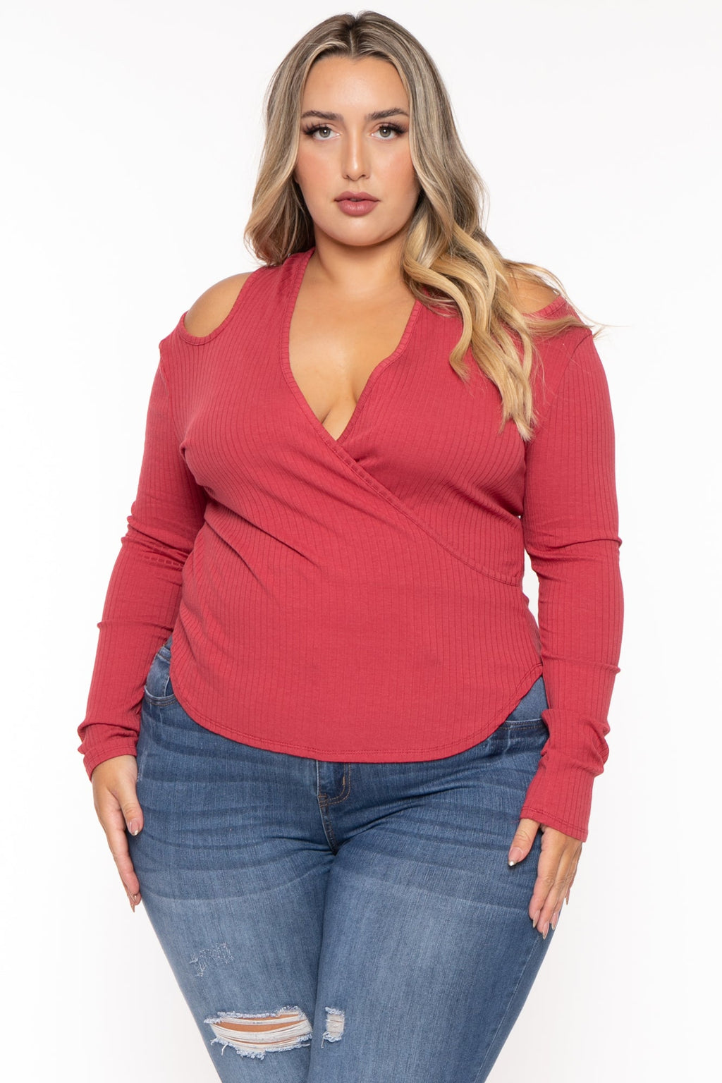 Plus Size Halter  Cold Shoulder Top- Berry