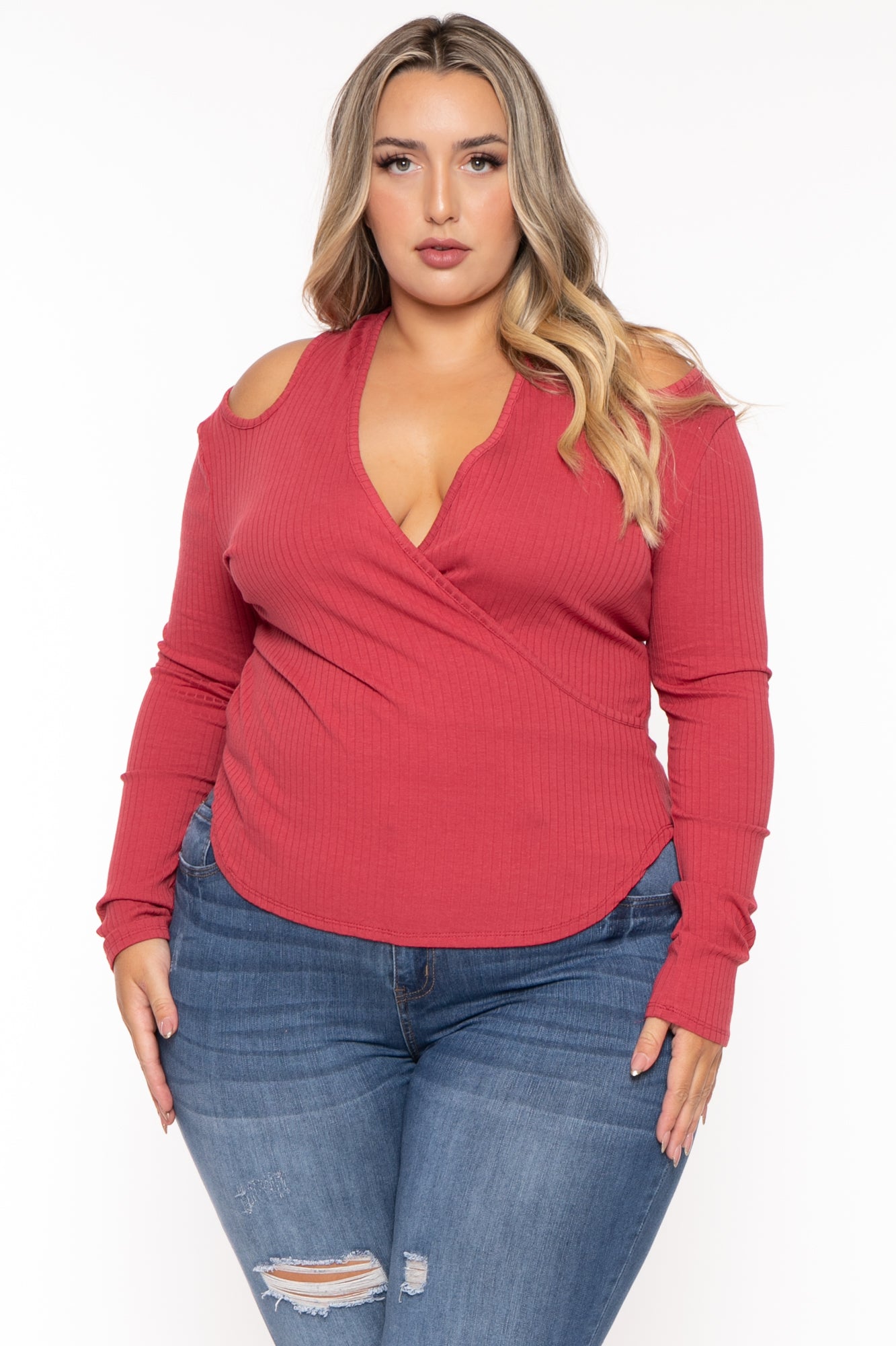 Plus Size Halter  Cold Shoulder Top- Berry