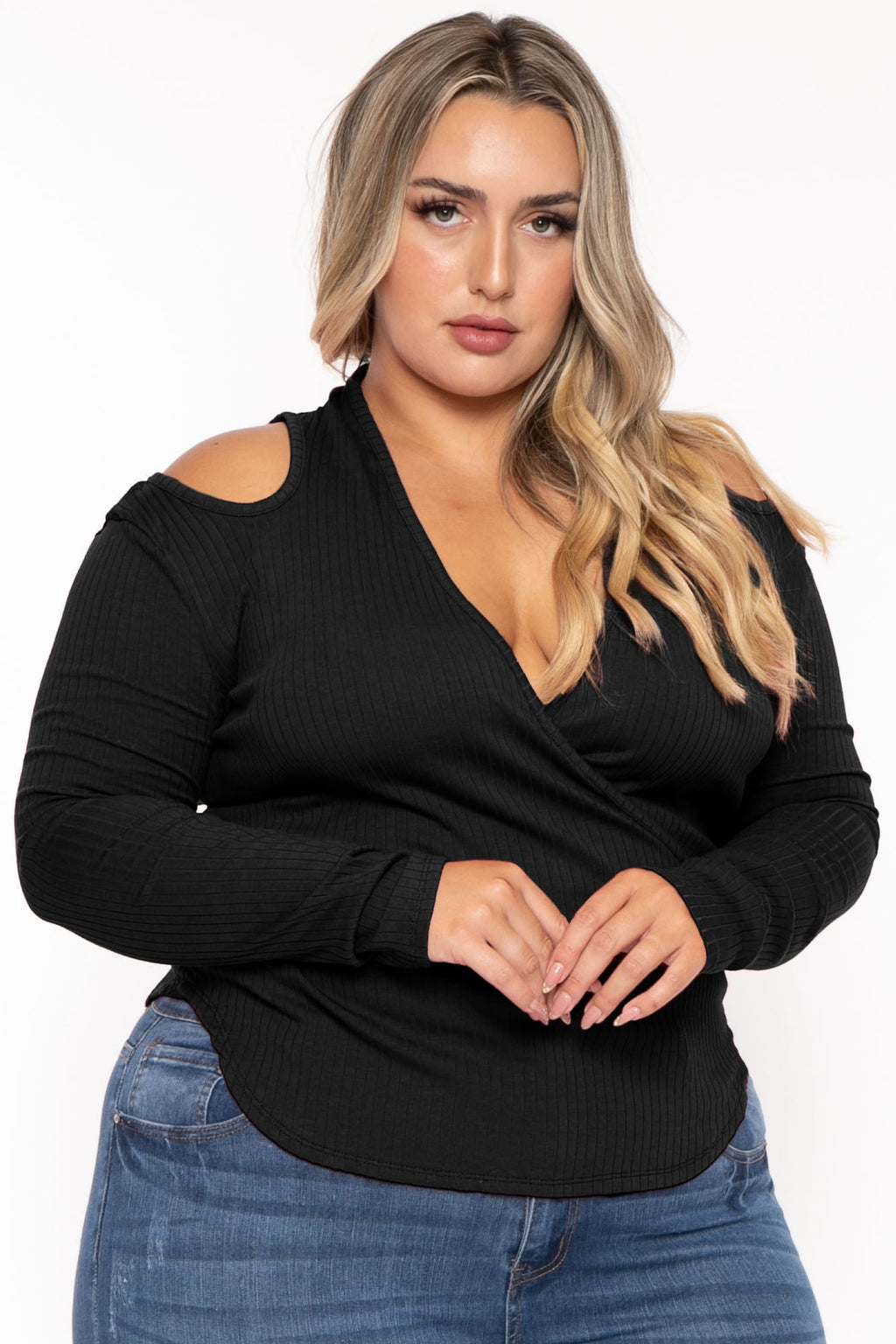 Plus Size Halter  Cold Shoulder Top- Black