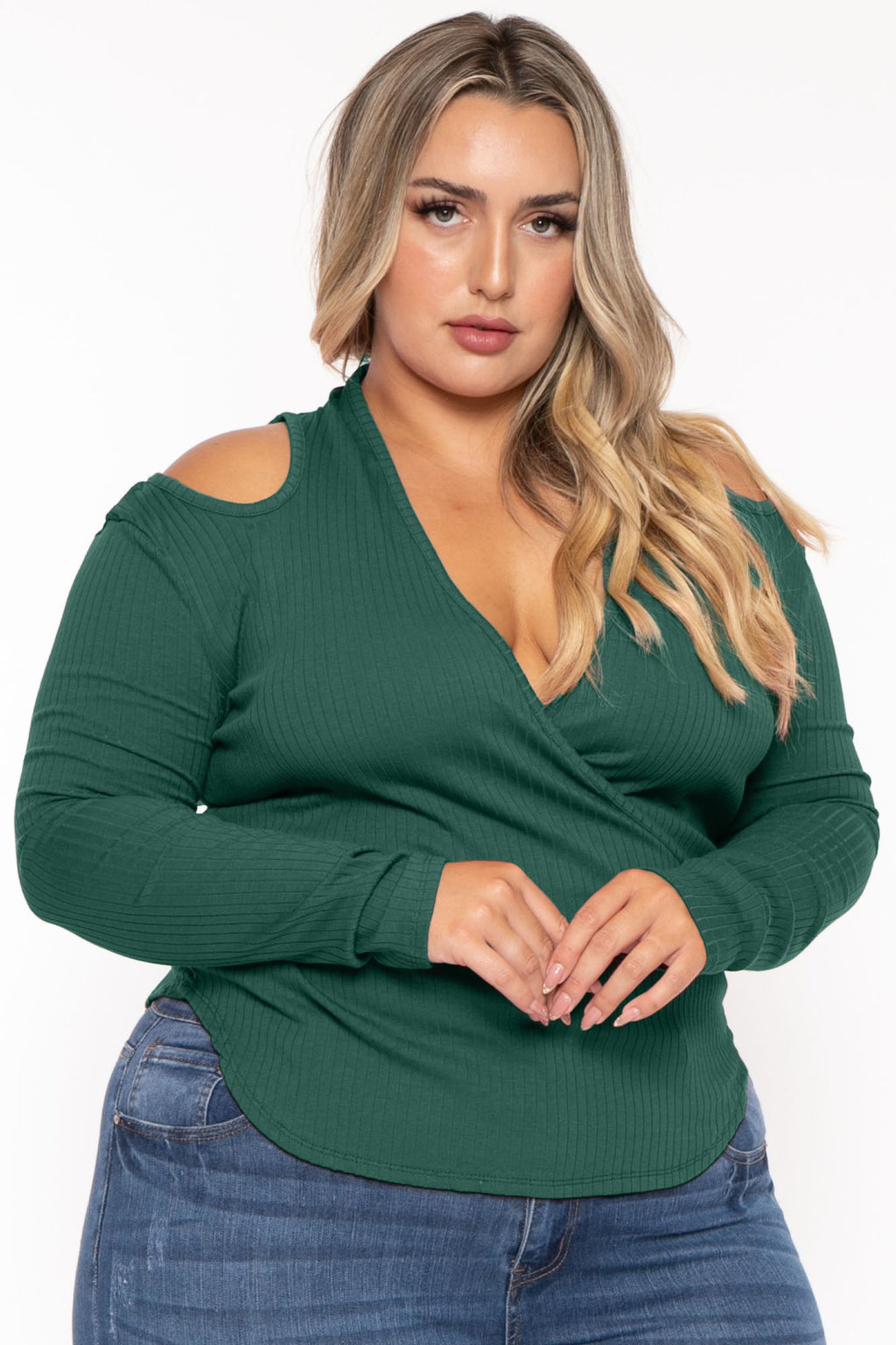 Plus Size Halter  Cold Shoulder Top- Green