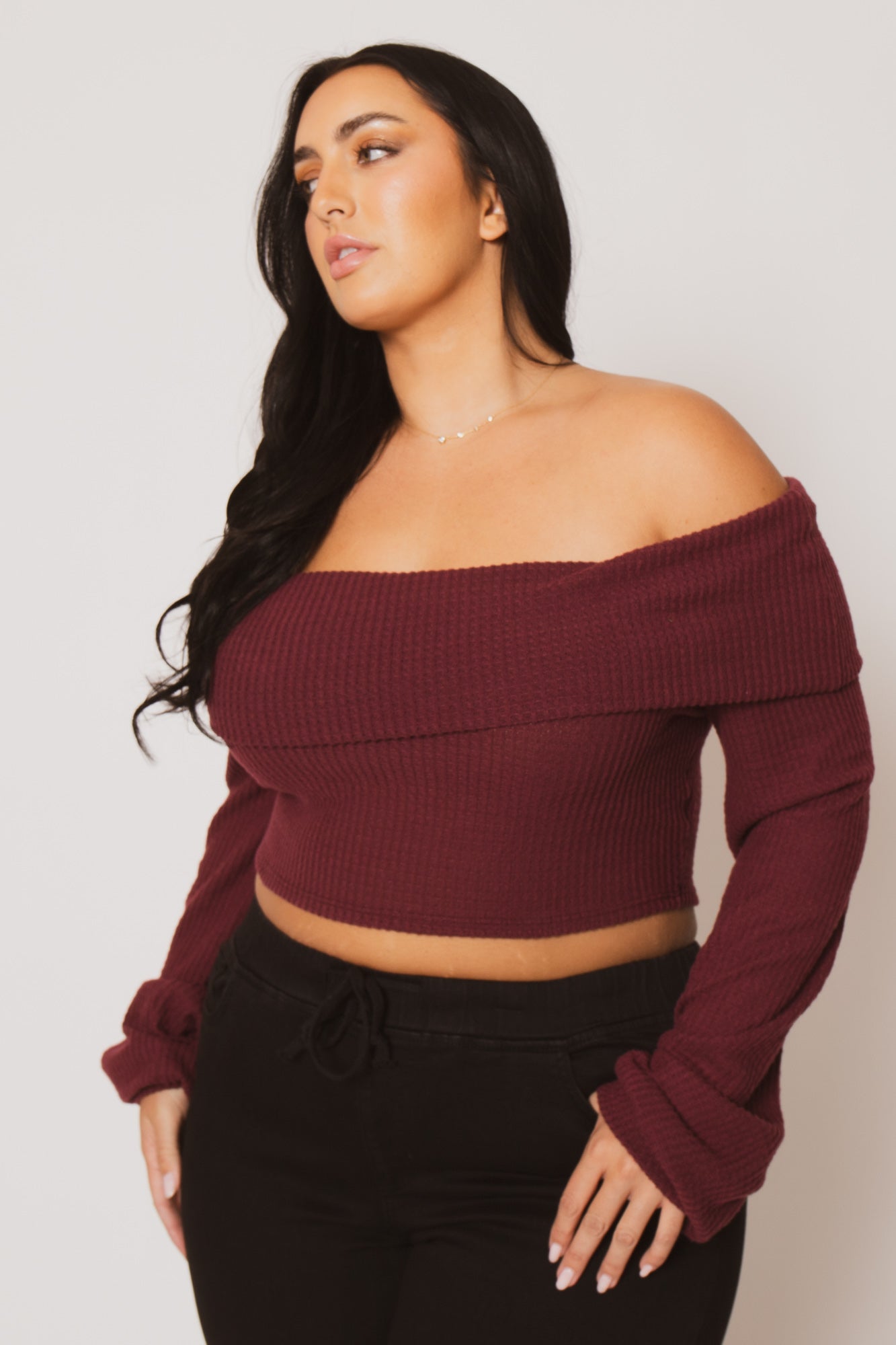 Plus Size Layla  Crop Sweater - Burgundy