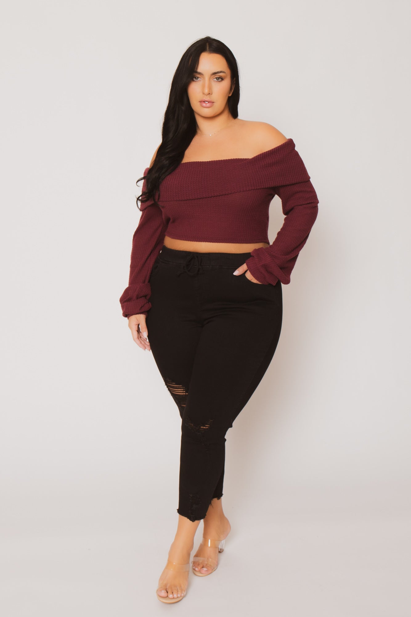 Plus Size Layla  Crop Sweater - Burgundy