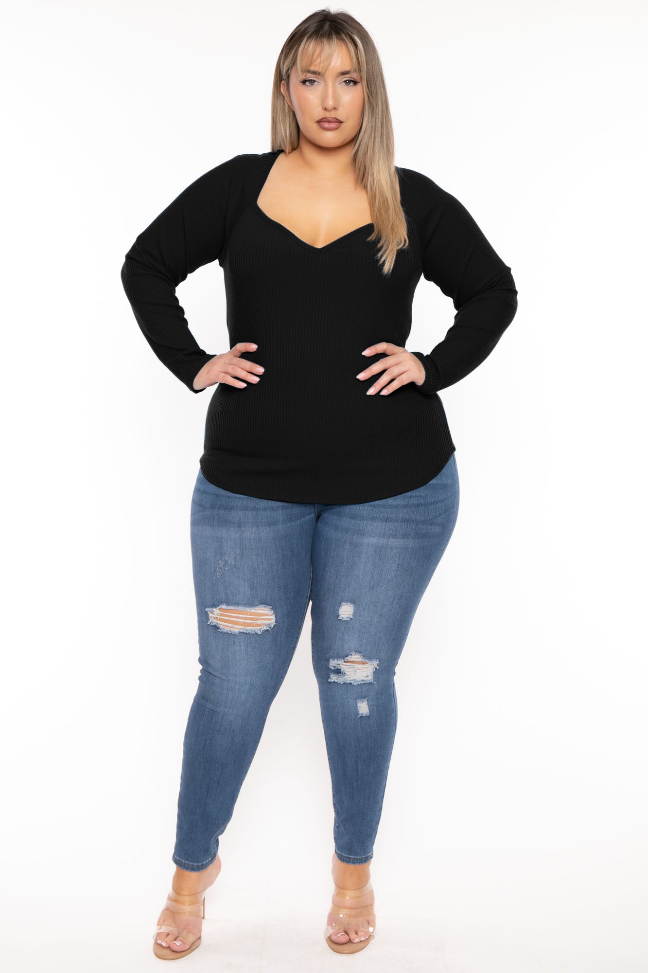 Plus Size  Lia Sweetheart Ribbed  Top- Black